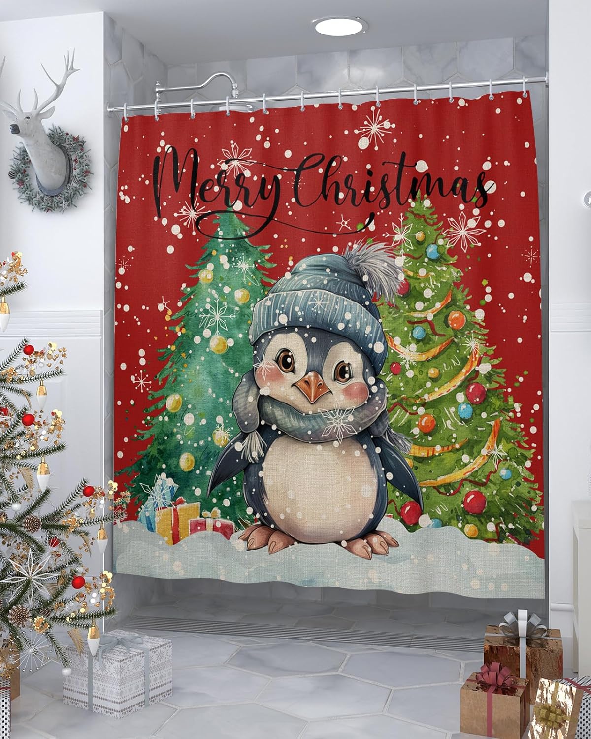 Double Love Winter Penguin Bathroom Curtain 72 Inch Shower Curtain with Hooks, Waterproof Polyester Bath Curtain Washable Bathtub Curtain Christmas Snowy Pine Tree Red 60''x 72''