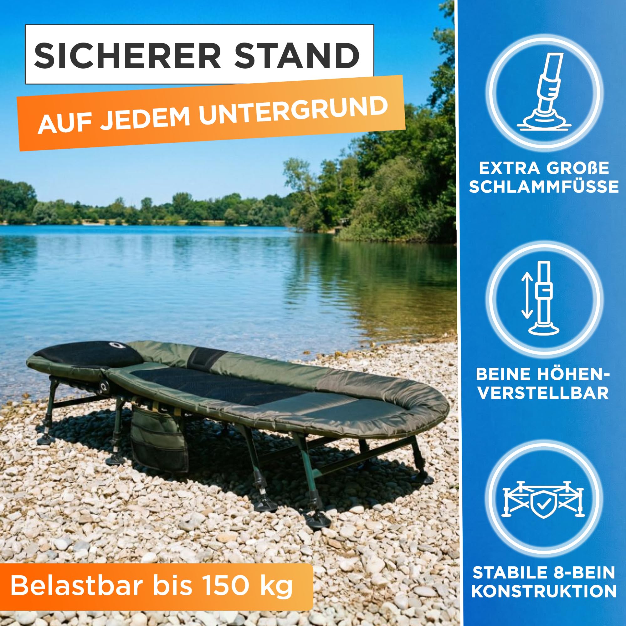 Karpfenliege [Stabil, Bequem & Leicht zu Reinigen] - Angelliege mit extragroßen Schlammfüßen, Angelliege Karpfenliege, Campingliege, Feldbett