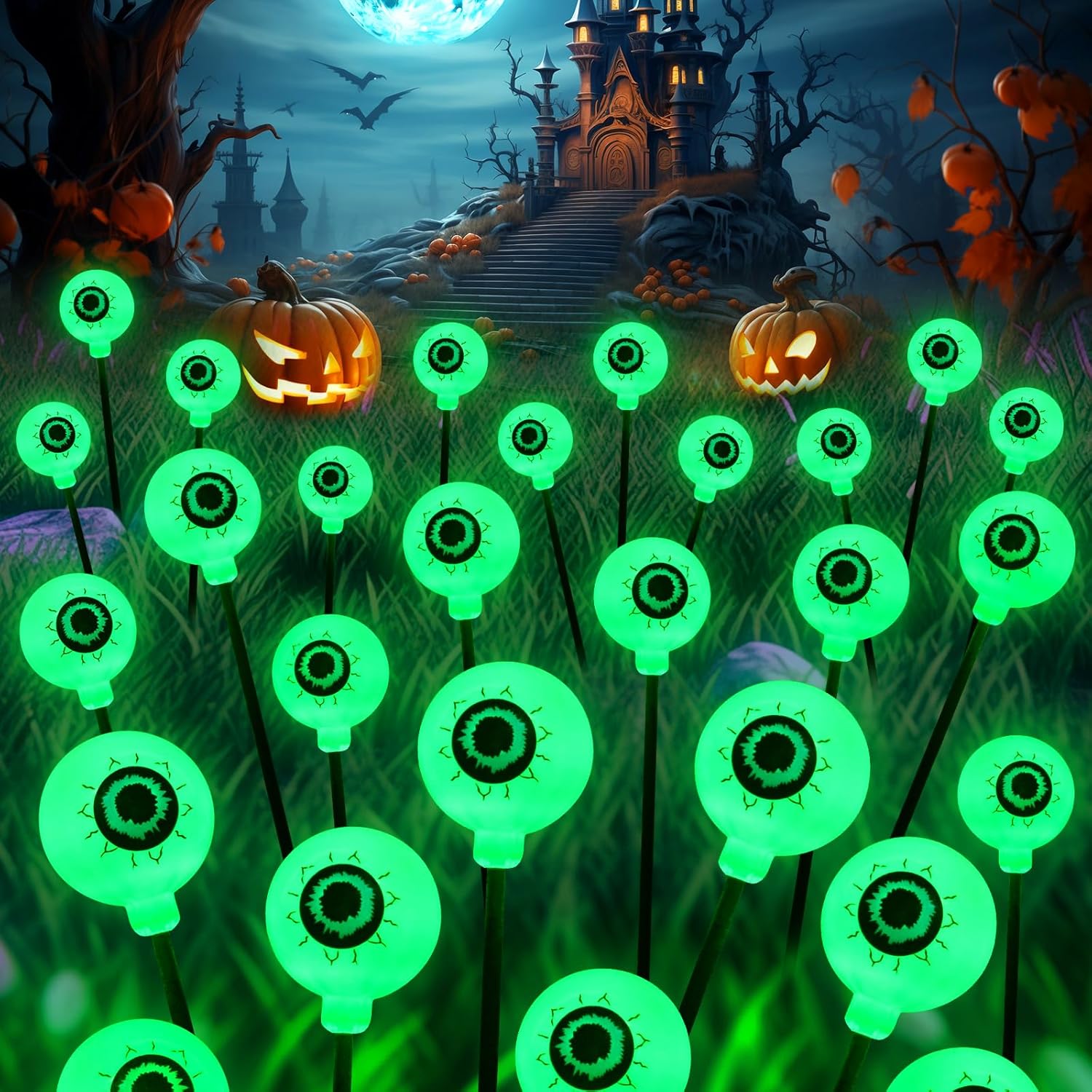 KerKoor Solar Halloween Lights Outdoor Decorations - 4 Pack 32 LED Solar Eyeball Lights LED Scary Eyeballs Halloween Light for Yard, Outside, Pathway, Walkway, Landscape, Garden, Party Decor (Green)