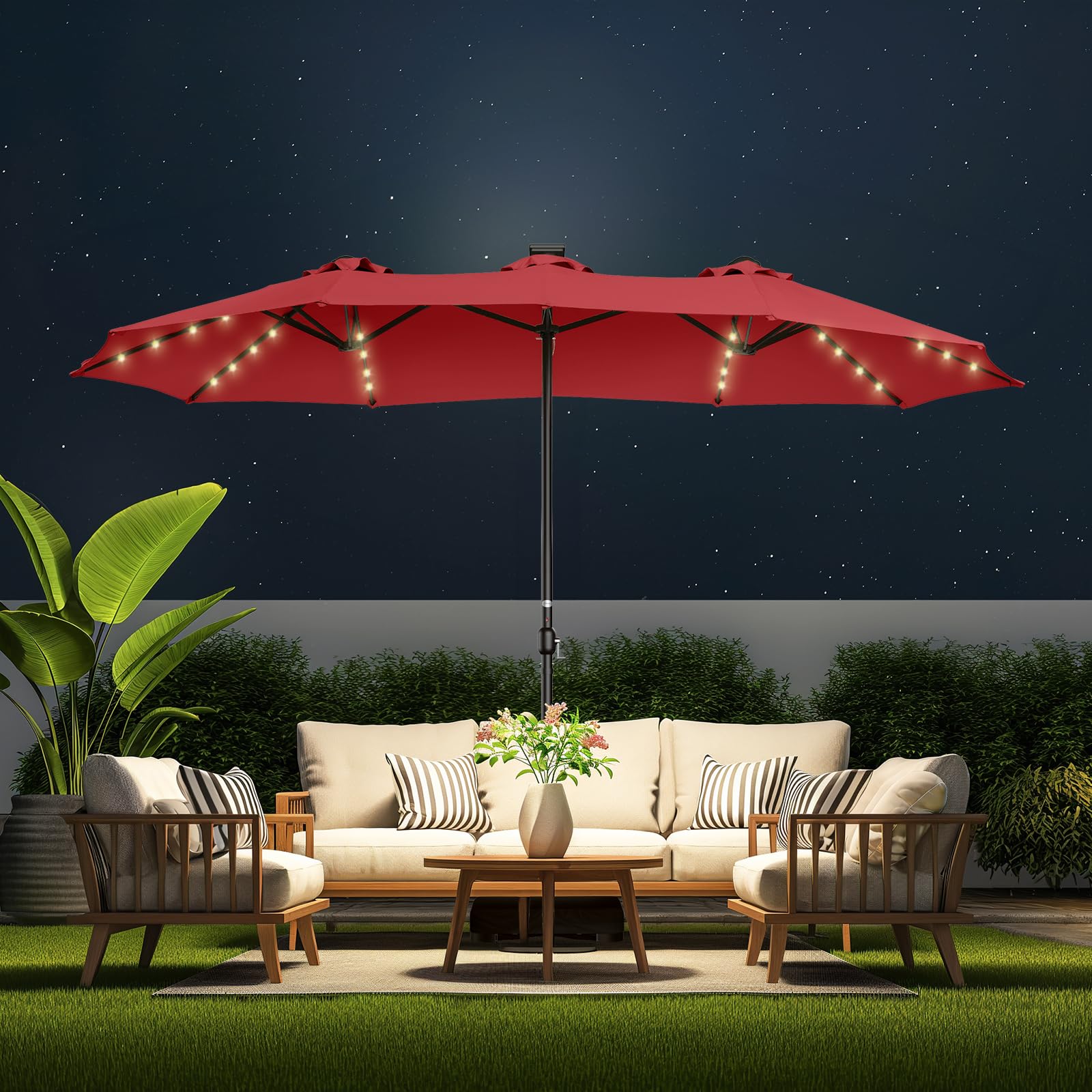 Double Sided Patio Umbrellas - 13ft Solar Lights LED Lighted Outdoor Extra Large Market Table Umbrella with Base Included, Oversized Umbrella for Deck, Pool, Backyard