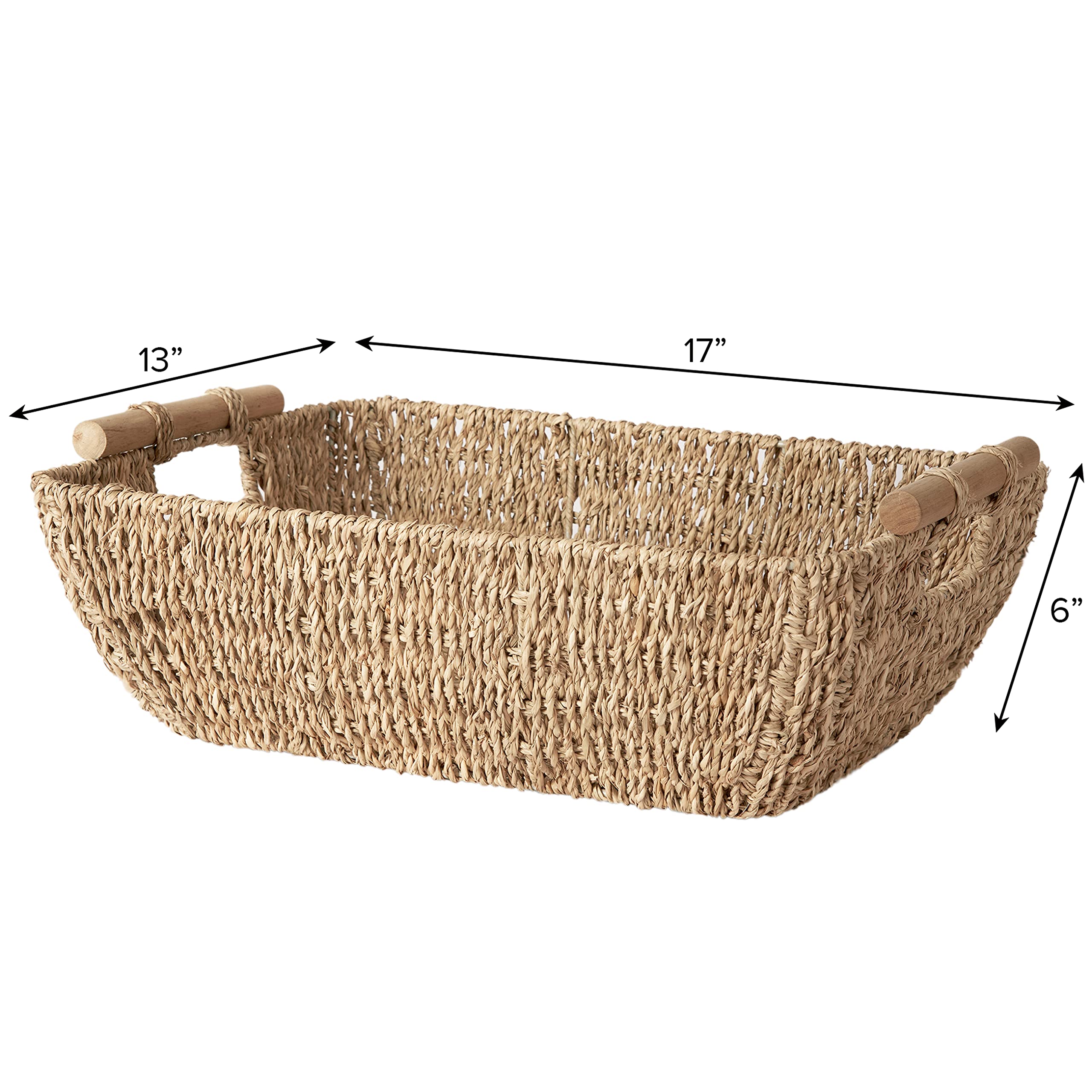 Artera Shallow Wicker Storage Basket - Large Woven Seagrass Baskets with Wooden Handles for Bathroom, Kitchen Pantry Organizing, Perfect as Drawers, 16.9” x 13” x 6” (1, L)