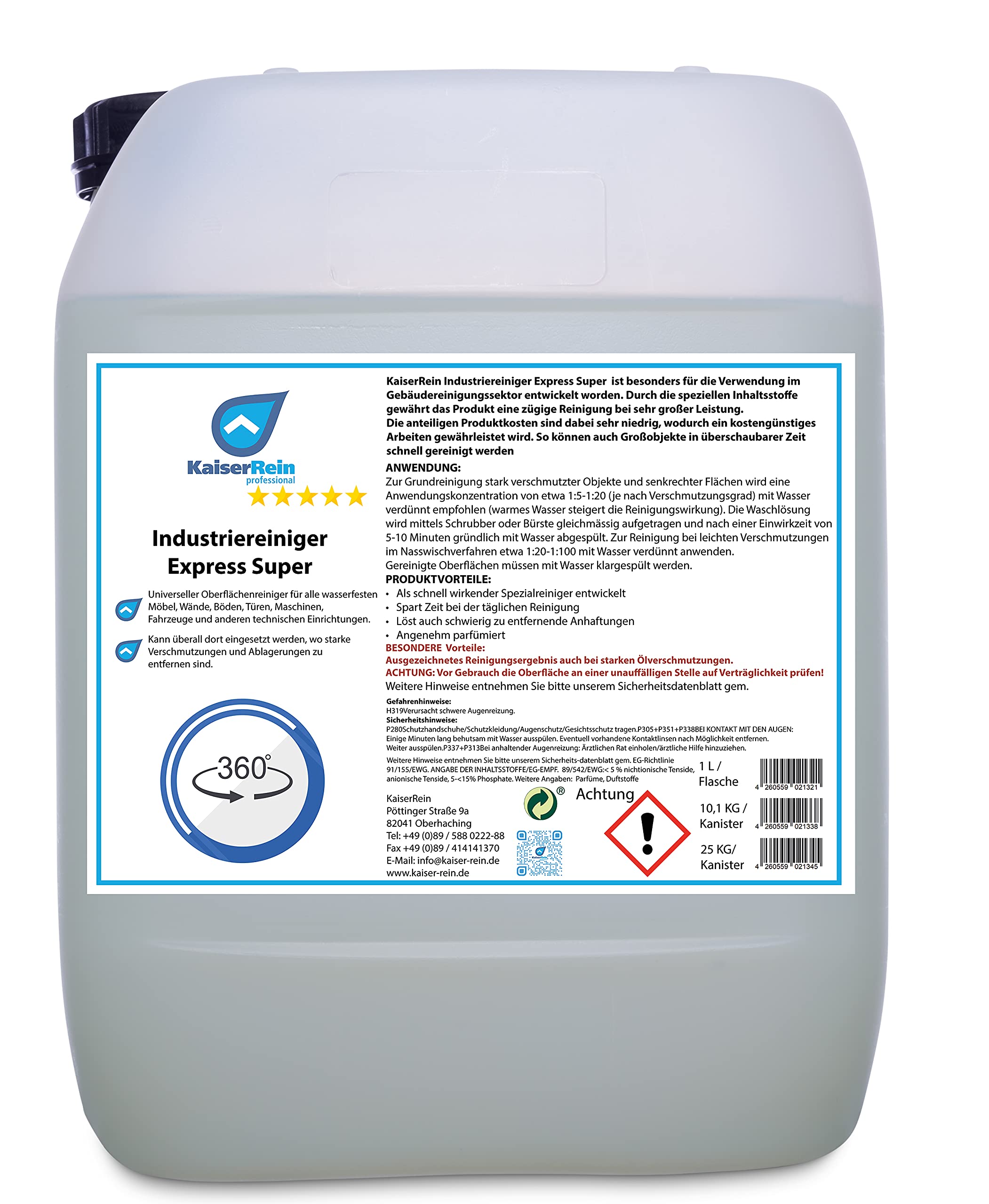 KaiserRein Industriereiniger Express Super 10 L Kanister Universeller Oberflächenreiniger für alle wasserfesten Möbel, Wände, Türen, Maschinen, Fahrzeuge und anderen technischen Einrichtungen