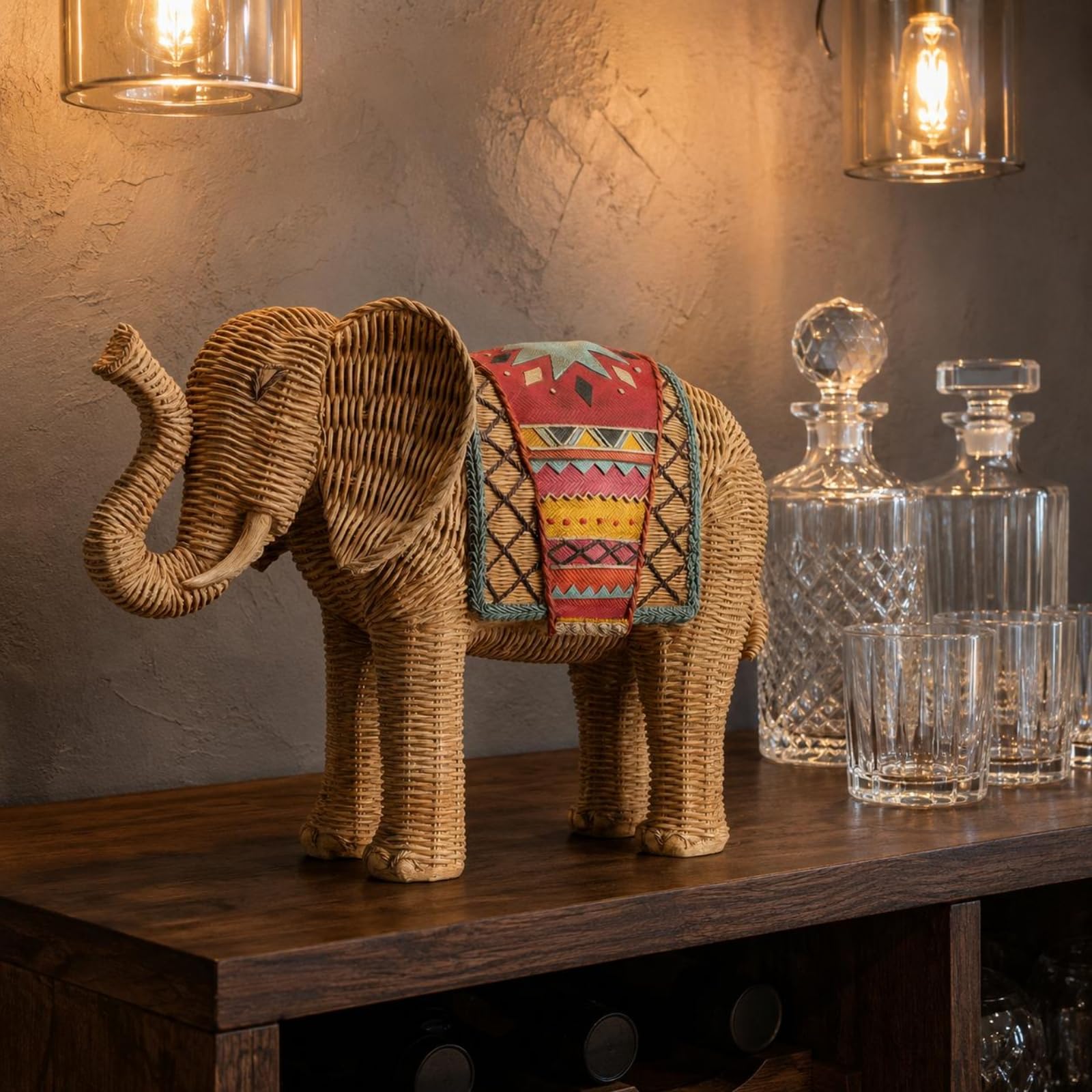 Elephant Sculpture Estatua Figura Ornamento Decoración de Mesa en Resina con Textura Entrelazada y Forma Equilibrada Adecuada para Salón Pasillo Estudio, Grande 34 16 25cm
