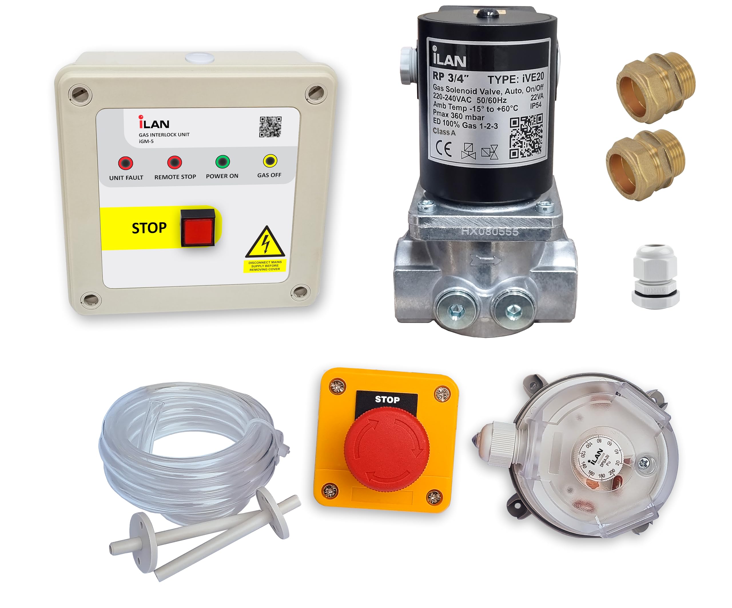 iLAN Gas-Sicherheitsabschaltung, Gassteuerung, Gas-Sicherheitskit, Gas-Interlock-System-Kit inkl. Magnetventil 3/4" (22 mm)
