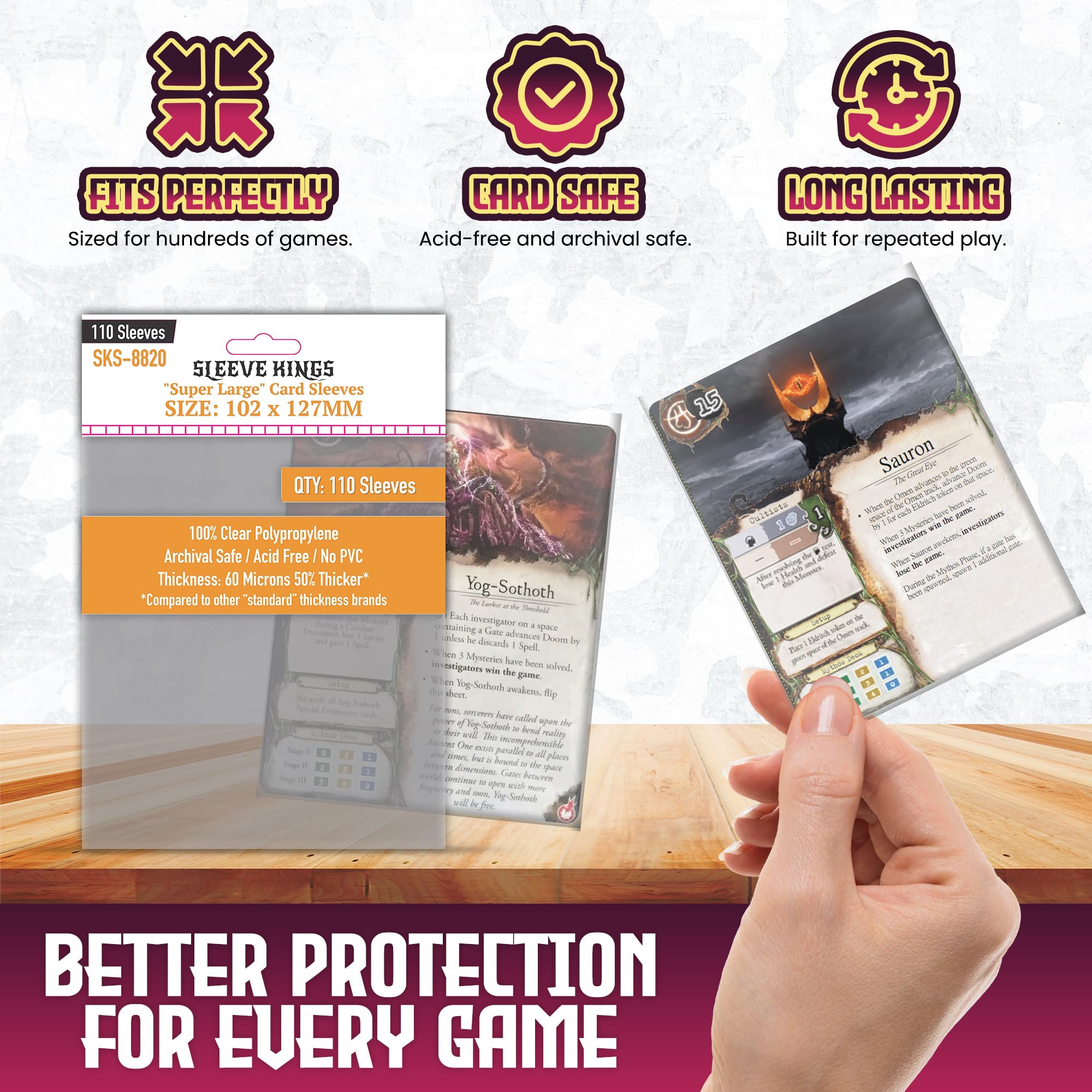 Amazon.com: Sleeve Kings Standard Card Sleeves – 110 Count, Clear 60 Micron  Thickness, XL Size (102 x 127 mm), Compatible with Imperial Assault & More  : Toys & Games