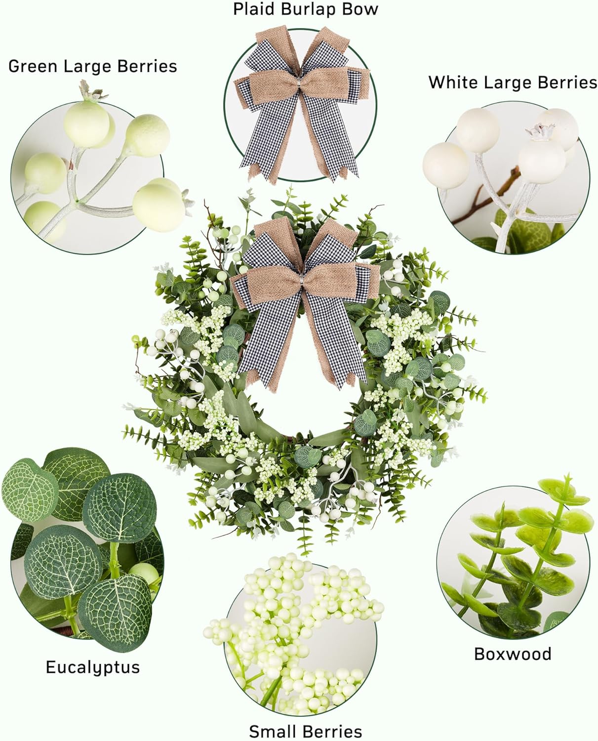 Vlorart 20 Inch Artificial Spring Summer Christmas Greenery Wreaths for Front Door Green Eucalyptus Leaf Wreath Decor Boxwood with Big Berries for Farmhouse Outside Year Round - Image 3