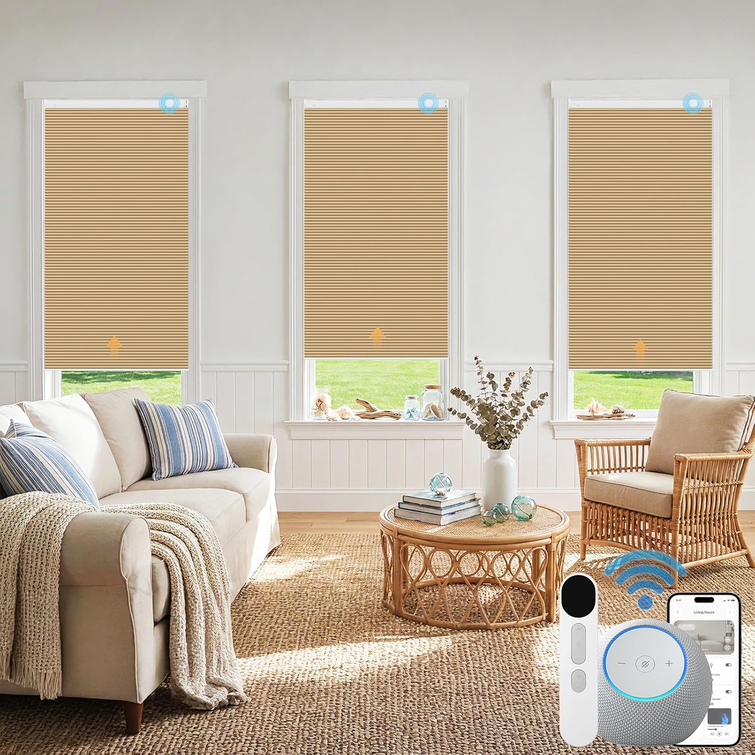 Shade&Beyond No Drill Motorized Cellular Shades, Smart Blackout Honeycomb Blinds with Remote &Rechargeable Battery, Cordless Electric Window Shades for Indoor Custom Size Camel (Customizable)
