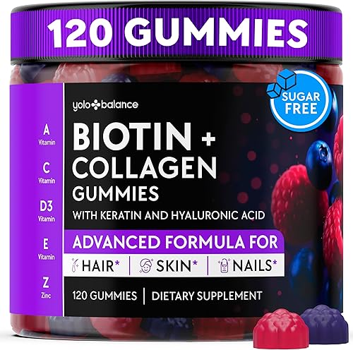 Gomitas de biotina de 10000 mcg para apoyar el crecimiento del cabello, multicolágeno sin azúcar con queratina, sílice y ácido hialurónico, a base
