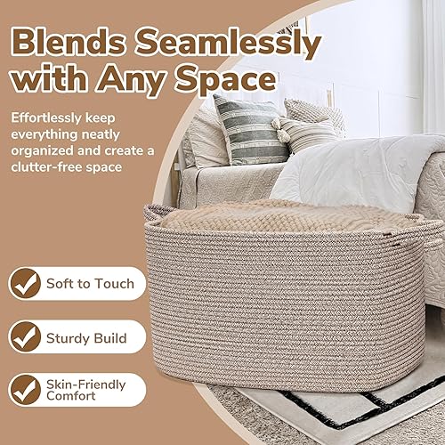 Vista 71 de Goodpick Cesta grande de almacenamiento de juguetes, cestas de cuerda de algodón gris para bebés, niños, cesta de almacenamiento tejida con asa