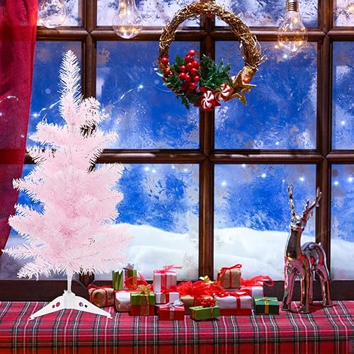 Miniatura 9 de WINOMO Mini árbol de Navidad artificial rosa, adorno de árbol de Navidad de pino artificial para fiestas de Navidad, suministros para decoración de