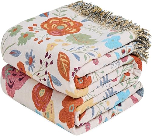Miniatura 27 de MSGKV - Manta bohemia para sofá con hojas de algodón 50 x 60 pulgadas, mantas para sofá, silla, muselina transpirable, ligera, mantas de estilo