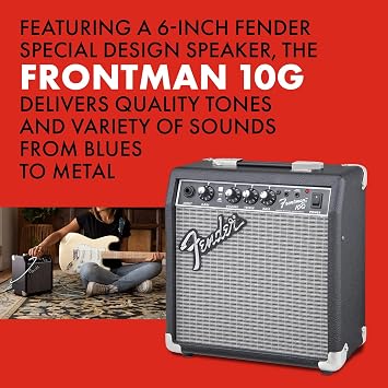 Fender Frontman 10G Electric Guitar Amplifier, 10-Watt Amp, Black/Silver | 10 Watt Practice Amp with 6 Speaker, Built In Overdrive, Headphone Jack and Aux Input, Black/Silver