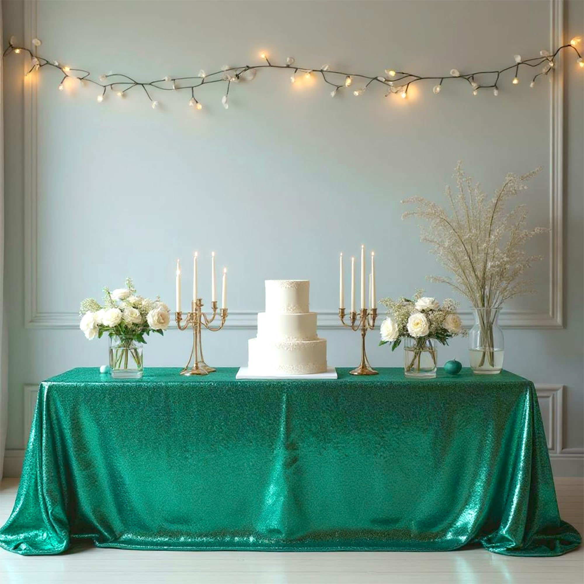 Trimming Shop 1pc Emerald Green Sequin Tablecloth 70" x 108" Rectangle Shiny Sequin Sparkly Tablecover for Parties Wedding Reception Banquets Birthday Baby Shower Festival Ceremony Dessert Tablecloth โ image 1