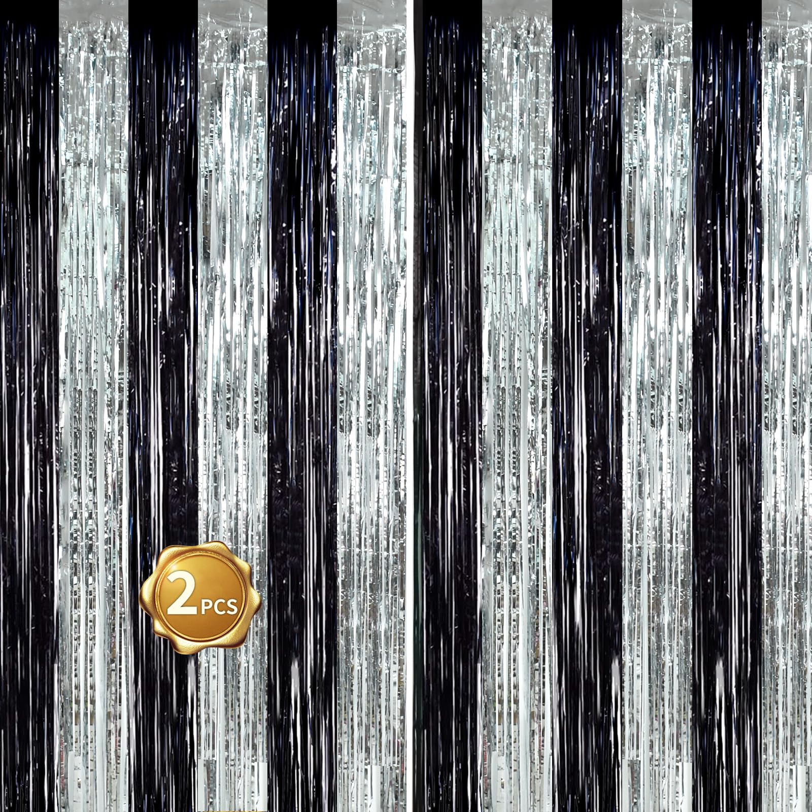 BEISHIDA 2Pcs Black Silver Door Streamers Congrats Grade 2025 Decoration Backdrop Foil Fringe Tinsel Party Streamers Curtains for Birthday Graduation