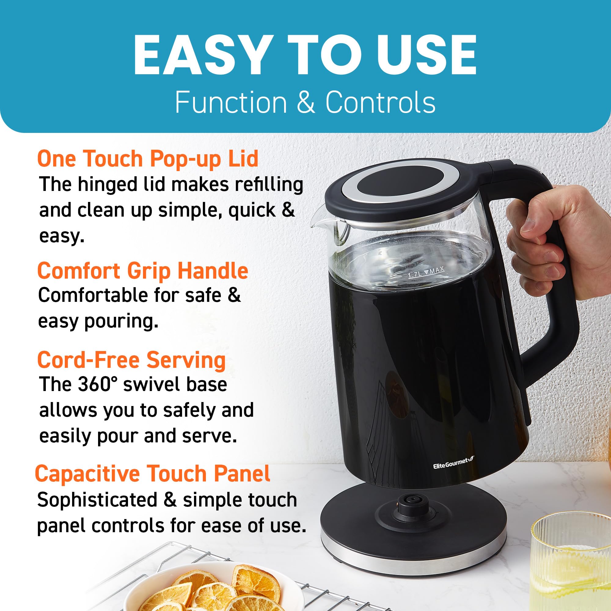 Elite Gourmet EKT8717 1.7L Double Wall Cool Touch Electric Tea Kettle, Glass Exterior, 304 Stainless Steel Interior, Digital Touch-Screen, Programmable Temperature, Keep Warm, Auto Shut-Off, Black