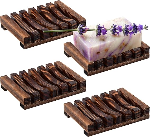 Soap Dish, 4 Pack Square Bulk Wood Soap Holder with Drain