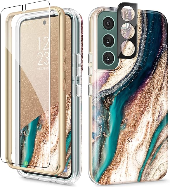 GVIEWIN Compatible with Samsung Galaxy S22 Case 6.1" 2022, with Screen Protector + Camera Lens Protector,[21ft Drop Tested], Marble Slim Stylish Shockproof TPU Bumper Protective Cover,Drift Sand/Brown