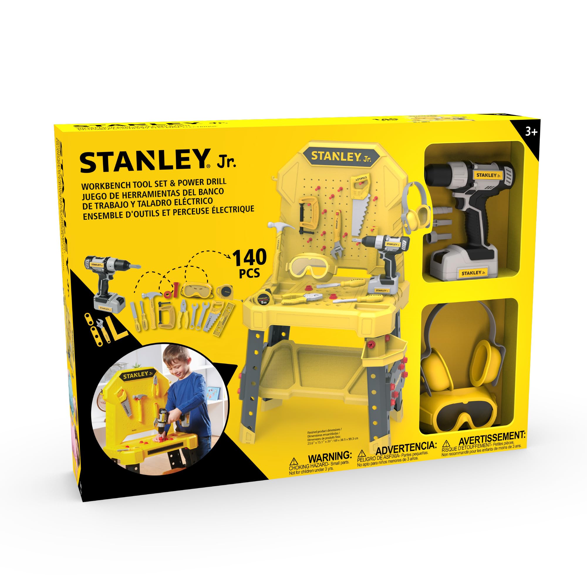 Stanley Jr. Pretend Play Kids Tool Bench with Toolset and Improved Power Drill 140 PCS Realistic DIY Workshop for Kids Ages 3+ Includes Ear Muffs Measuring Tape Tools & Accessories