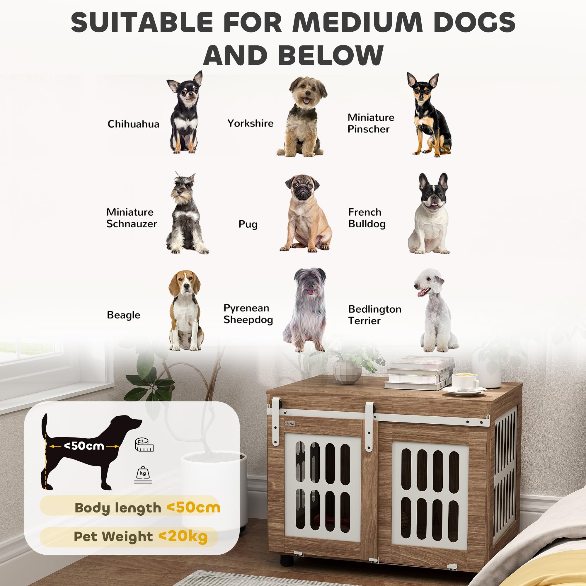PawHut Jaula para Perros con Puerta corredera, caseta para Perros de tamaño Mediano, Buena ventilación, Mesa Lateral con Patas Ajustables, 80 x 59 x 63 cm, Nogal