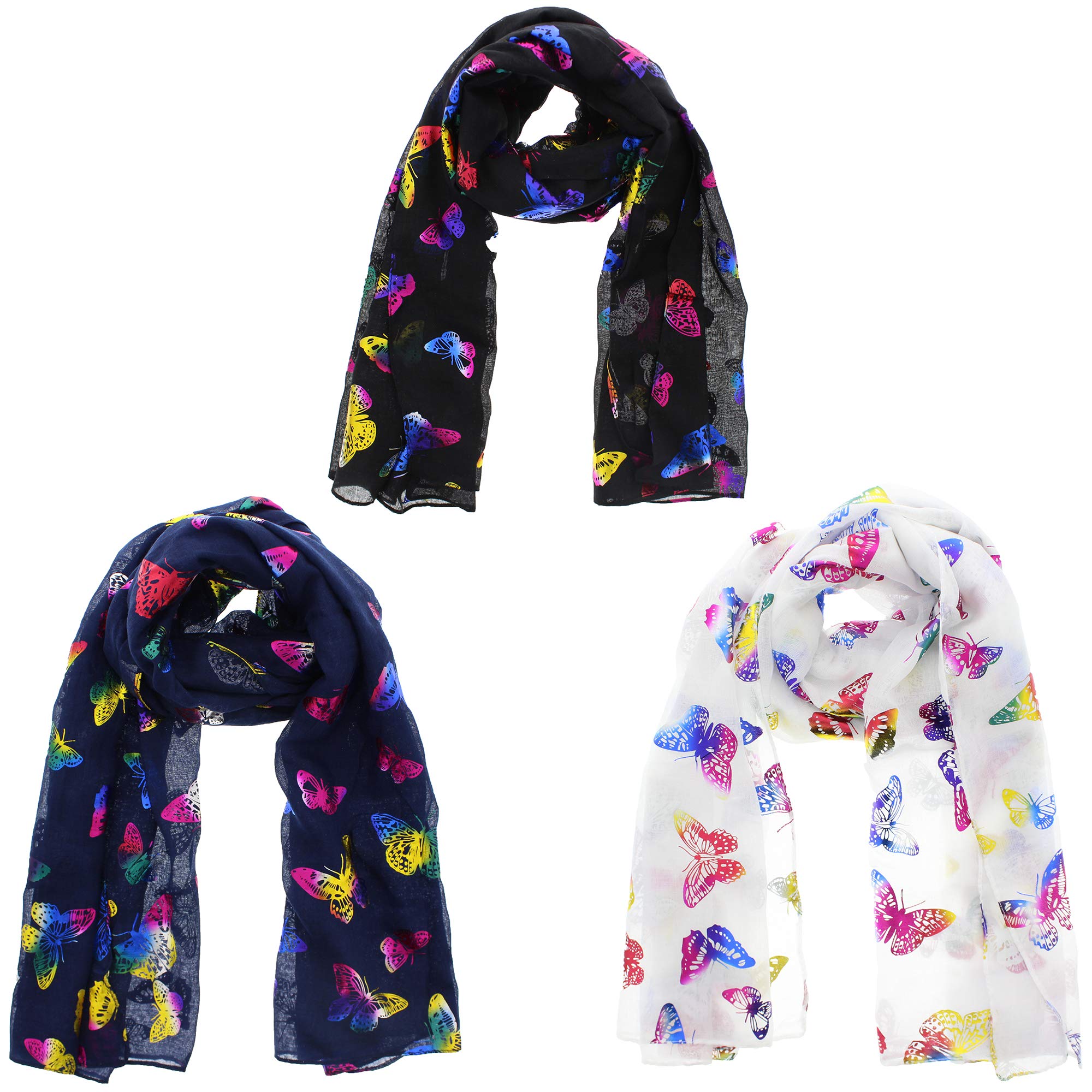 Zac's Alter Ego Women's Multicoloured Set Of 3 Lightweight Assorted Colour Rainbow Foil Butterflies Print Scarves