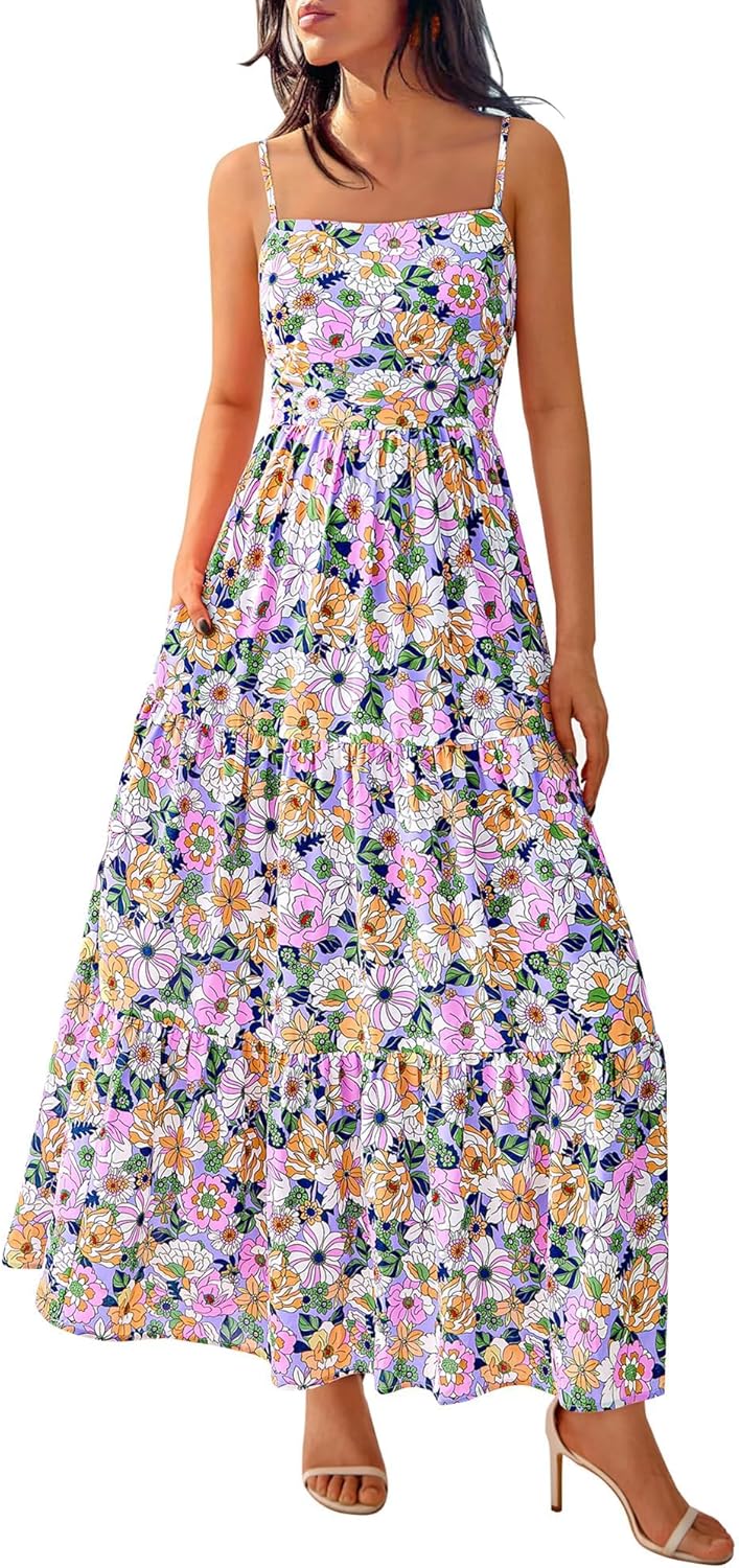 NOLLSOM Women's Summer Dress 2025 Casual Floral Boho Maxi Dresses Sleeveless Spaghetti Strap Long Beach Sun Dresses