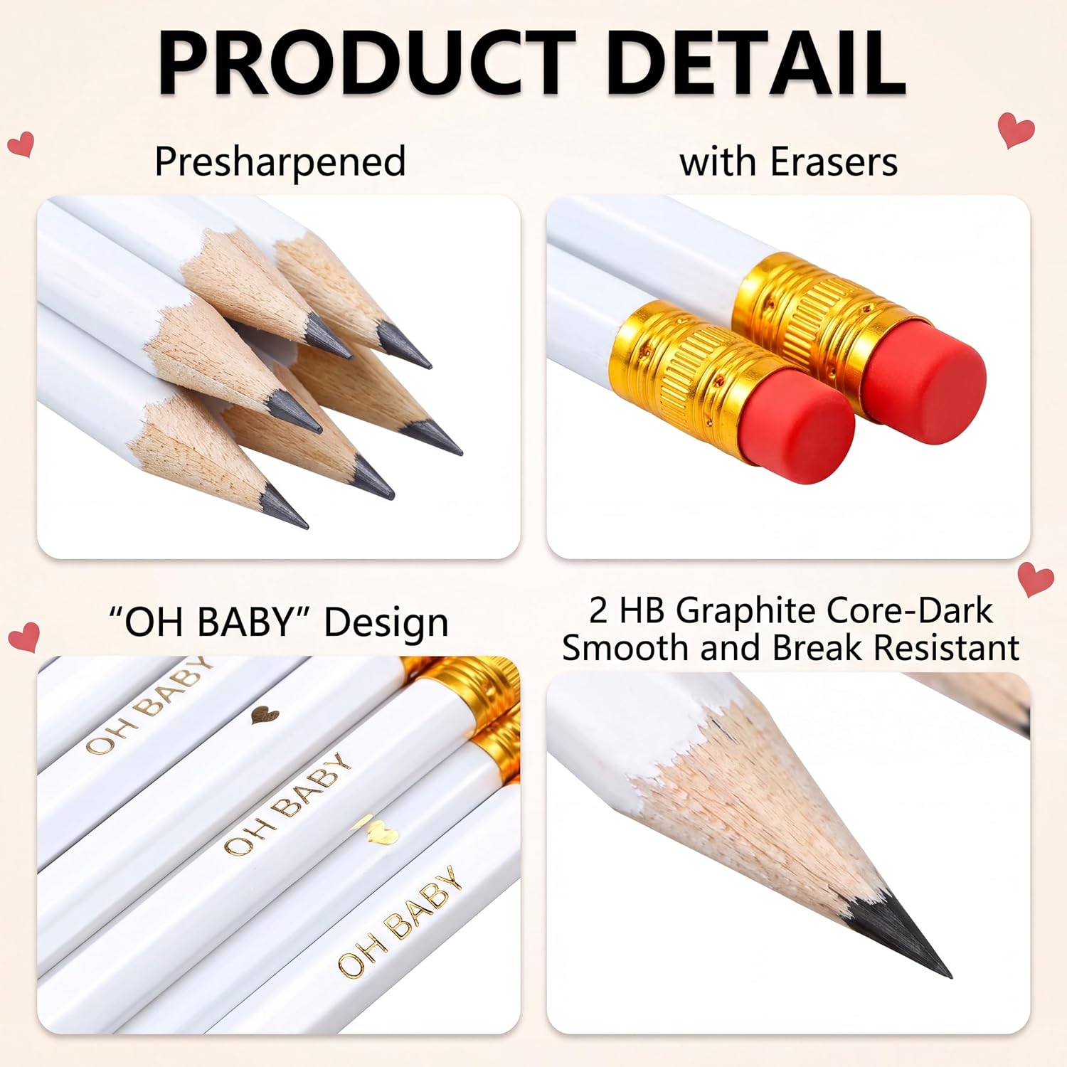 Gersoniel 50 Pieces Baby Shower Pencils for Activities Sharpened Mini Golf Half Pencils, Presharpened with Erasers, 4 Inch Short 2 HB for School Office Game image 2