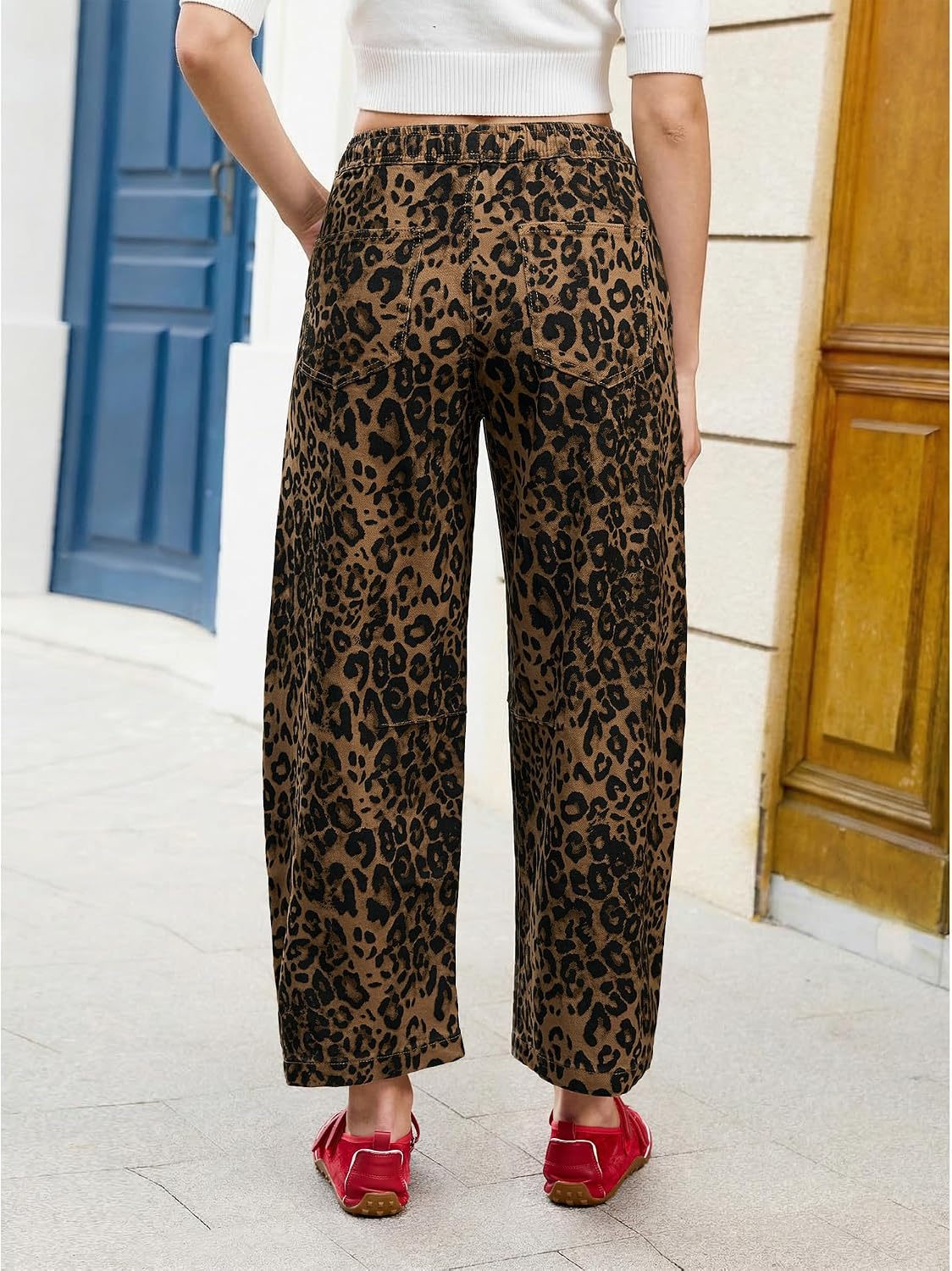 GRAPENT Barrel Jeans for Women Trendy High Waisted Pull On Wide Leg Cropped Leopard Cheetah Print Stretchy Denim Pants