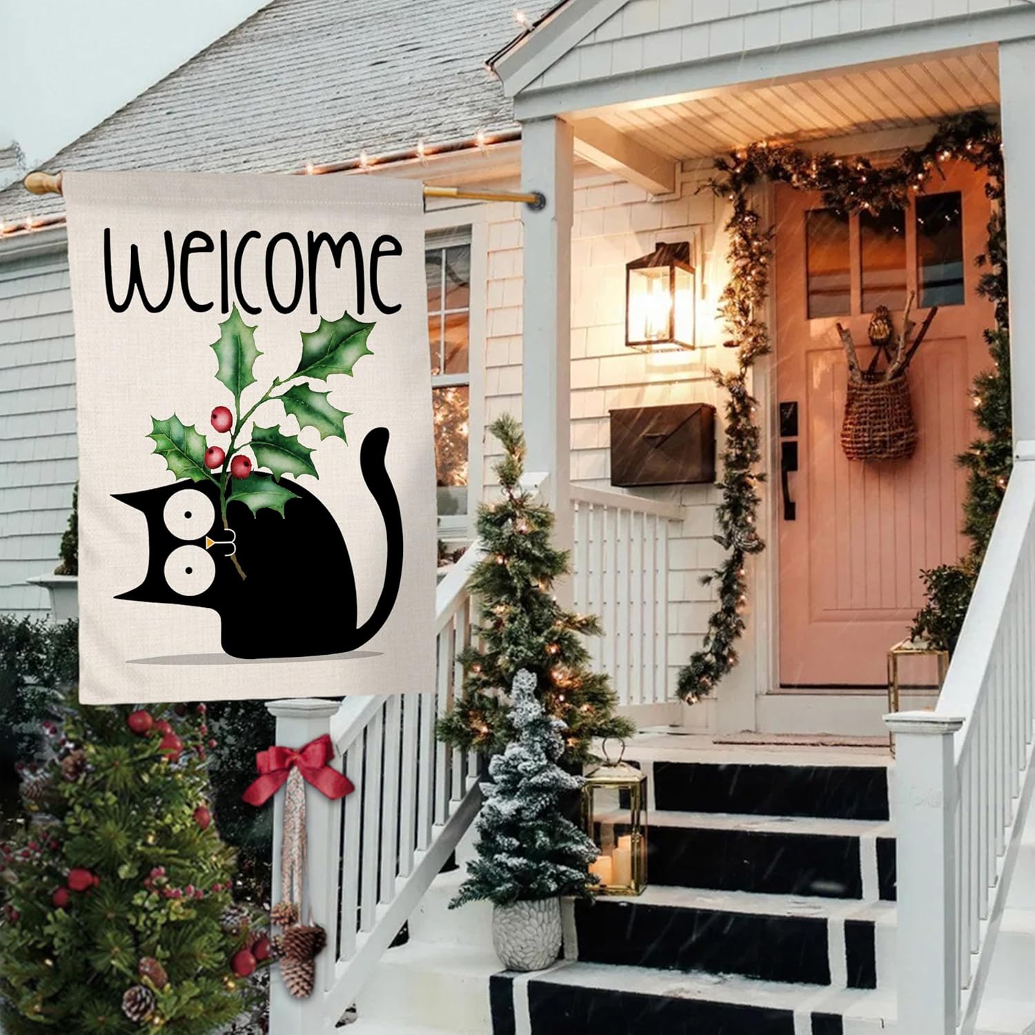 BLKWHT Christmas Cat House Flag 28 x 40 Vertical Double Sided Welcome Holly Leaf Winter Holiday Outside Decorations Burlap Yard Flag BW716-40 - Image 4