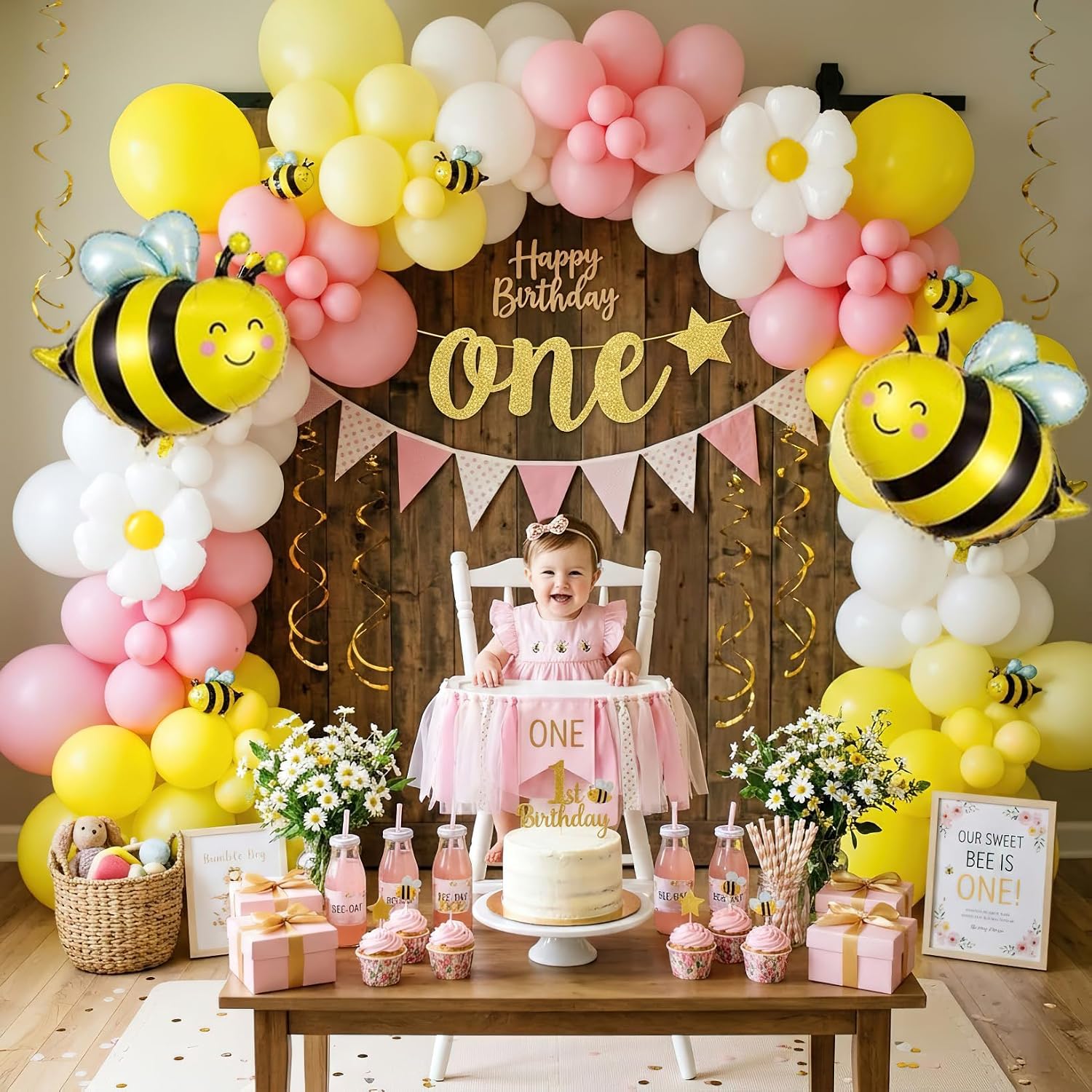 Bee Balloons Garland Arch Kit 134 pcs yellow pestal pink balloon Arch with bee daisy balloons for Baby Shower Lemonade Birthday Honeybee Party Decor image 3
