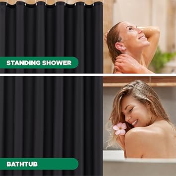 Biscaynebay Fabric Narrow Shower Stall Curtain Liners 36 Width by 72 Length, Black Water Resistant Bathroom Curtains, Rust Resistant Grommets (6 Holes) Weighted Bottom Machine Washable