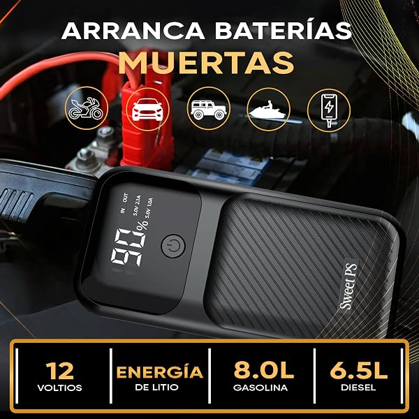 Sweet Problems Solutions Products Sweet Car and Motorcycle Battery Jump Starter 8000A | Portable Car Jump Starter (Petrol and Diesel) with Screen and Flashlight 4 Modes| Quick Charge 30W | Battery Booster 12V | Includes Case and USB in use