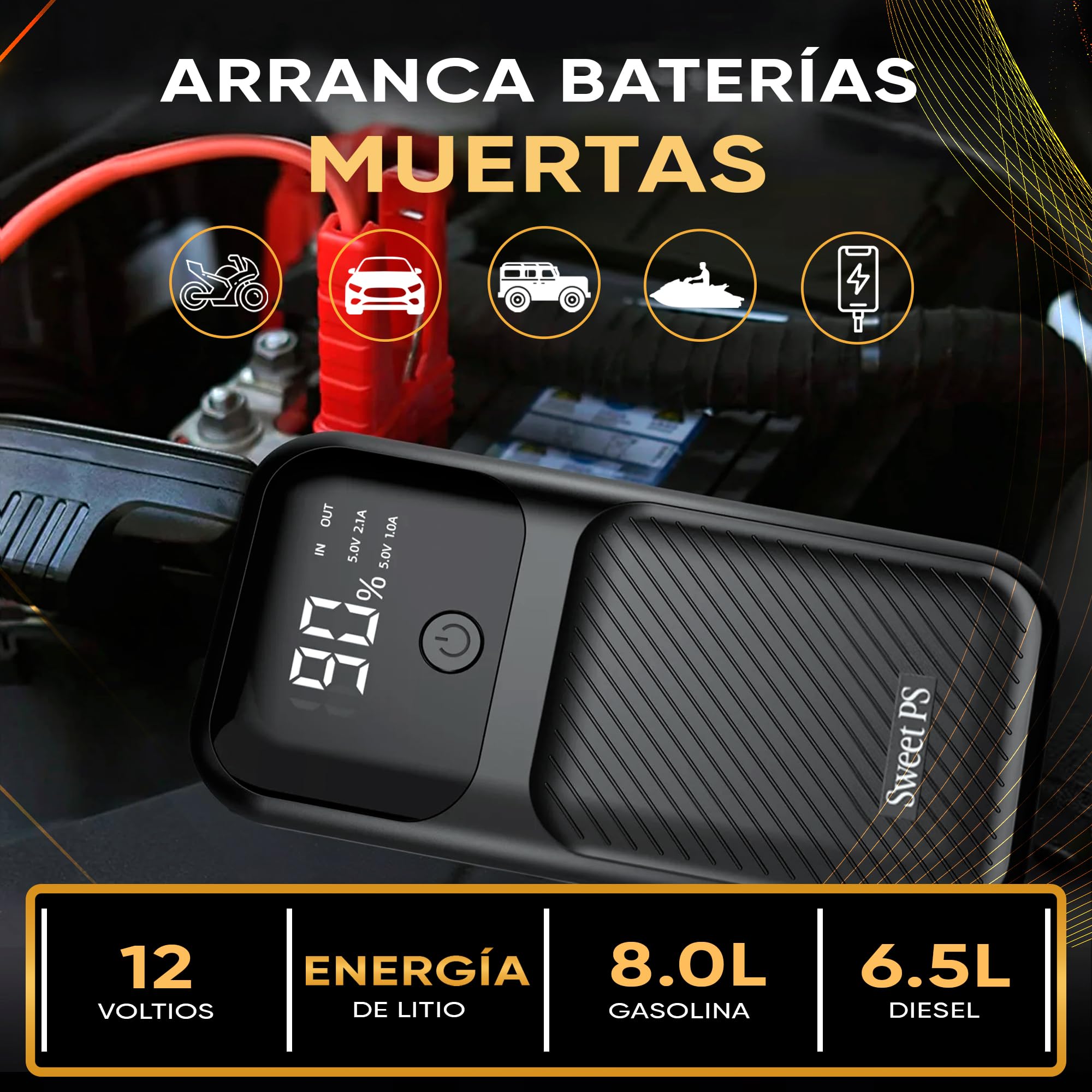 Sweet Problems Solutions Products Sweet Car and Motorcycle Battery Jump Starter 8000A | Portable Car Jump Starter (Petrol and Diesel) with Screen and Flashlight 4 Modes| Quick Charge 30W | Battery Booster 12V | Includes Case and USB in use
