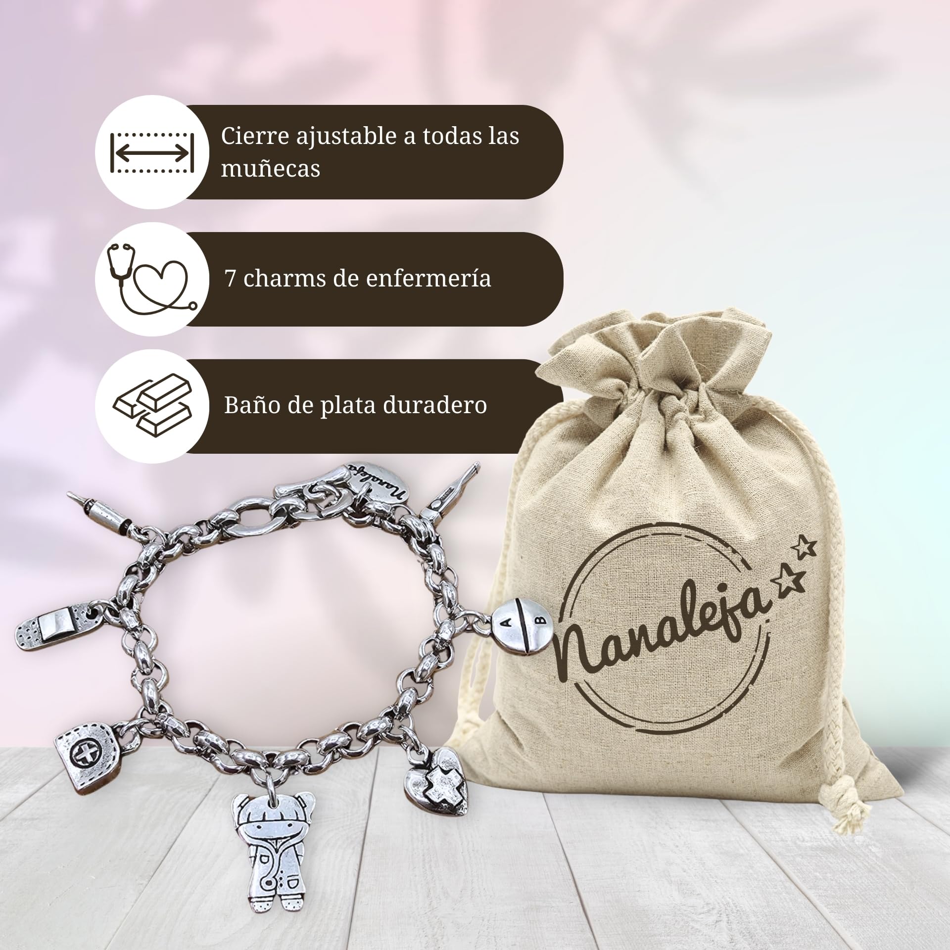 Pulsera enfermera 7 charms regalo para enfermeras y médicos - pulseras personalizadas - con baño de plata - regalo original para enfermera - hecha en España