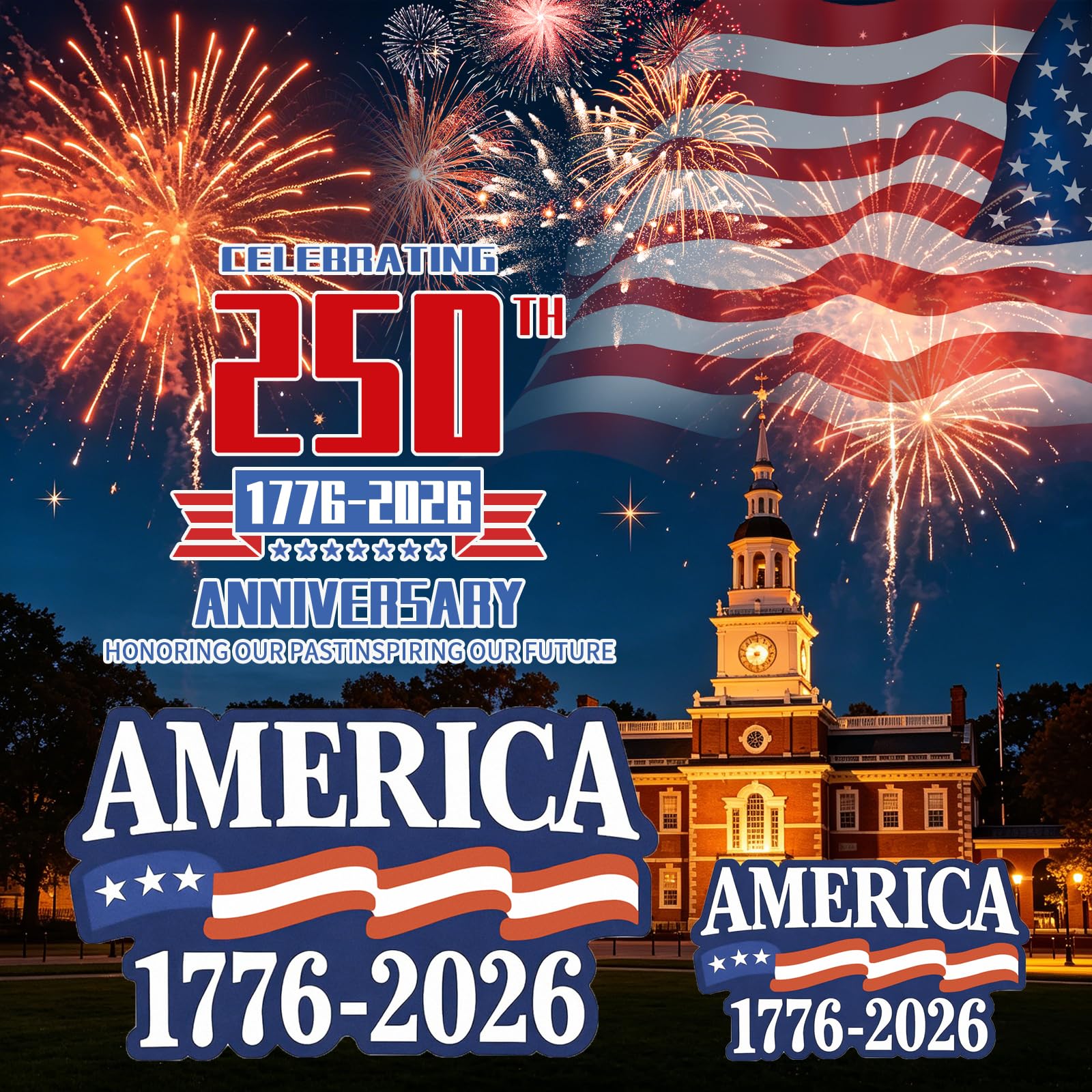 Confezione da 2 adesivi per il 250° anniversario dell'indipendenza – 1776-2026 adesivi in vinile con bandiera USA patriottica, adesivi impermeabili per esterni, per finestrini auto, camion e laptop