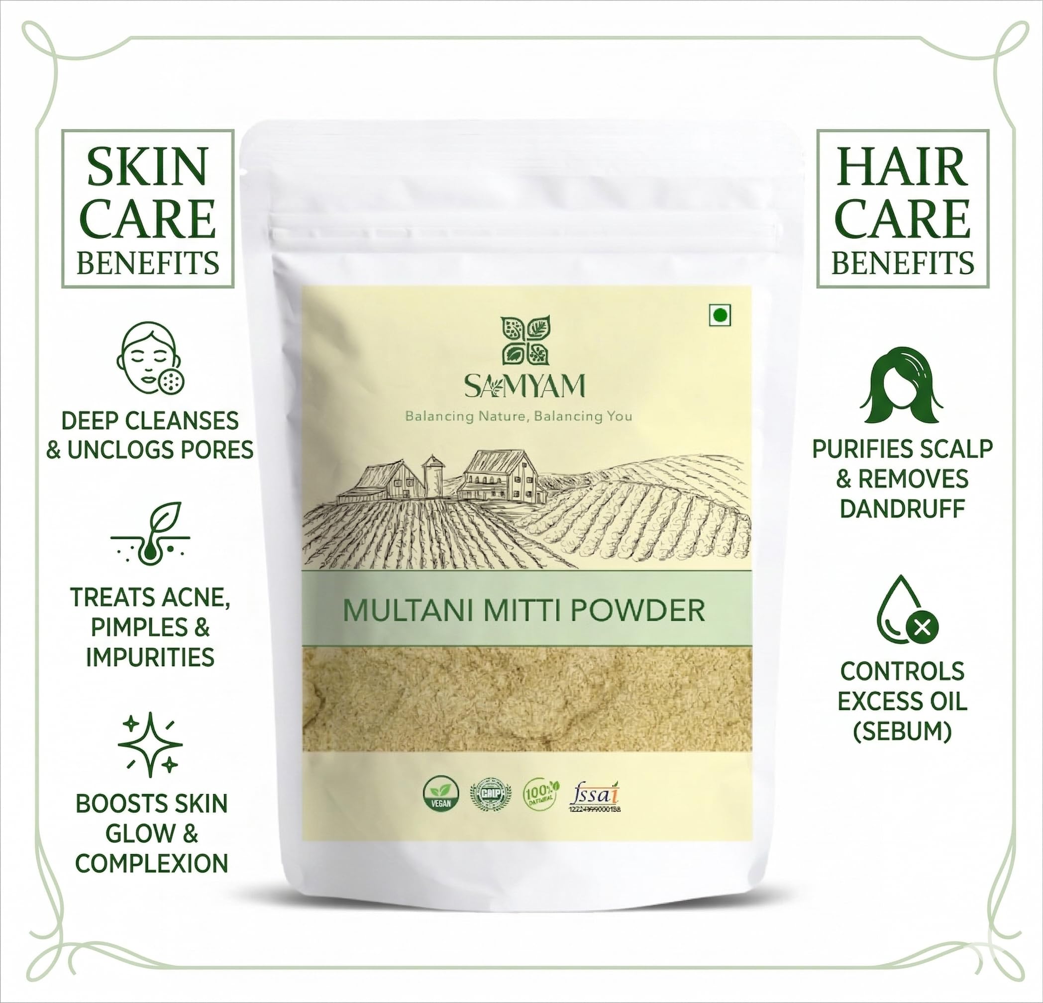 SAMYAM Polvere detergente per il viso Multani Mitti - 1 kg | Terra di Fuller, argilla bentonitica, argilla curativa indiana