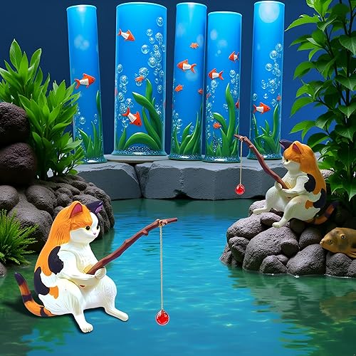 Miniatura 8 de 2 figuras de pesca de gato, bonita decoración de estatua de gato, mini decoraciones de resina, escultura artesanal para tanques de acuario,