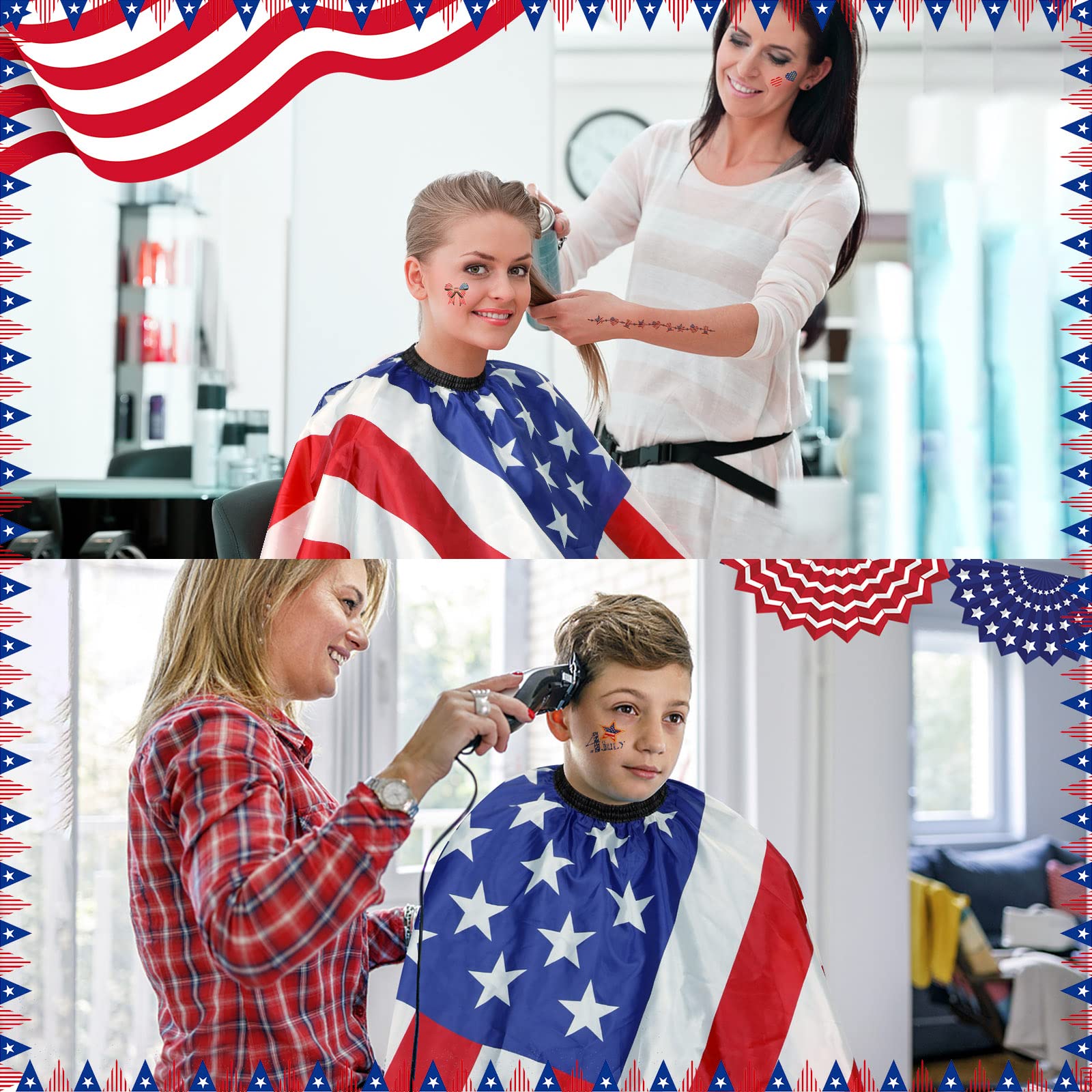 FEBSNOW Professioneller Friseurumhang, Unabhängigkeit, 4. Juli, Salon, Haarschneideumhang mit verstellbarem Ausschnitt und Hals, Staubbürste, Friseurbedarf, 118 x 142 cm (Flaggenmuster)
