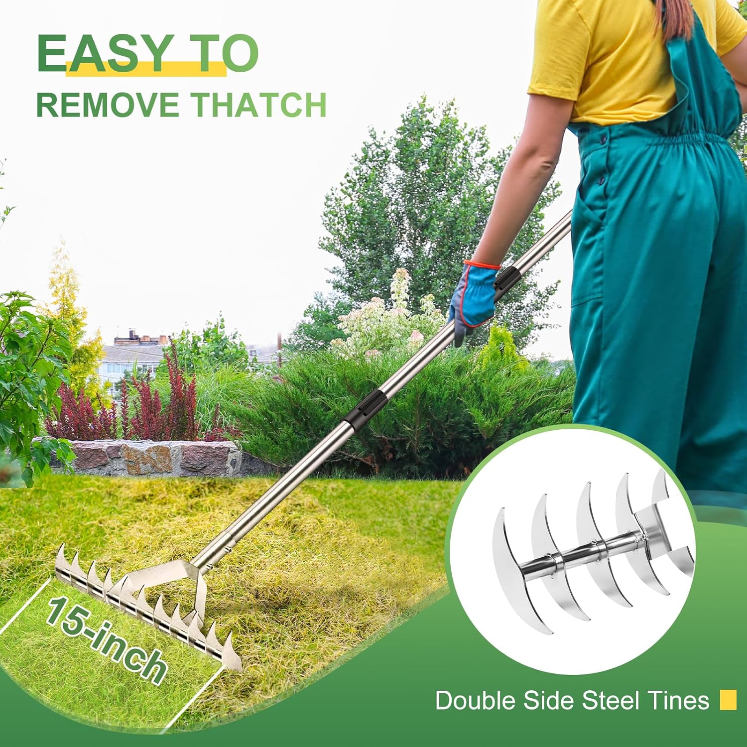 62" Thatch Rake, Adjustable Handle 15-Inch Wide Lawn Thatching Rake for Cleaning Dead Grass, 11 Curved Steel Tines Double-Sided Grass Grooming Dethatching Rakes for Garden Yard Lawn