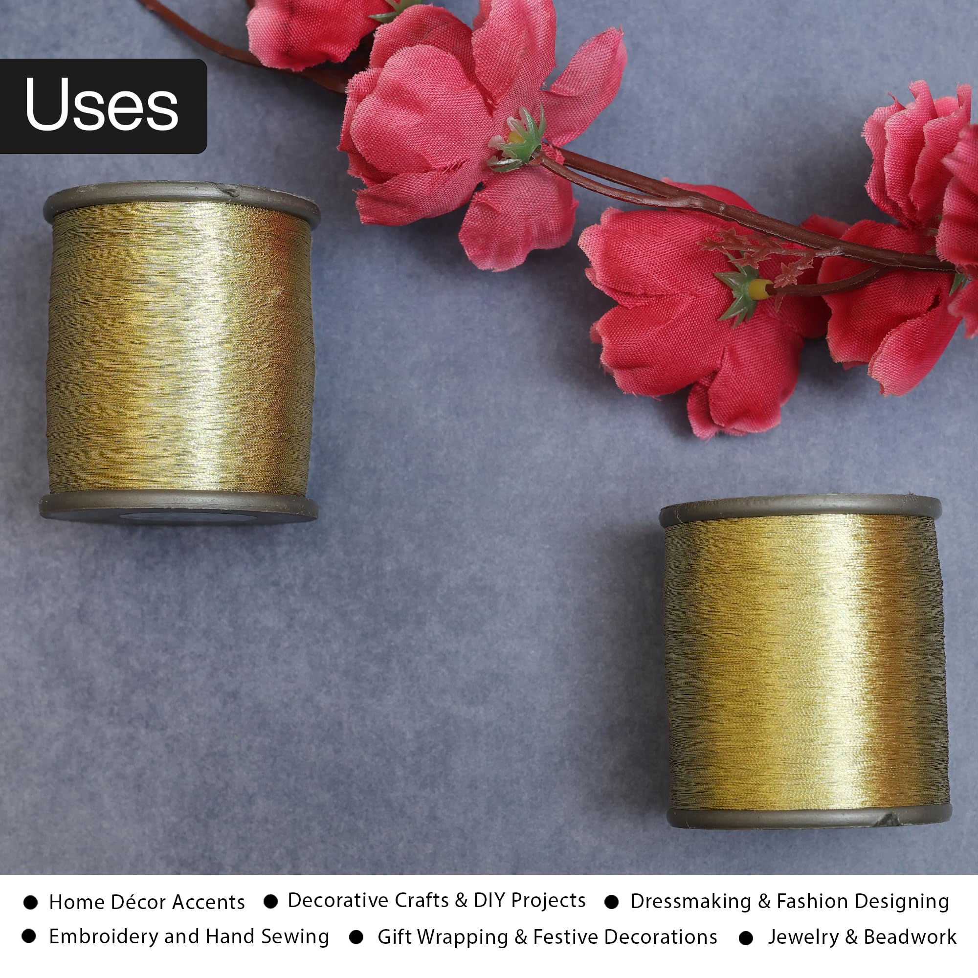 Embroiderymaterial Metallic Zari Thread for Embroidery, sewing and jewelry making, Gold Color, 0.1MM(Pack of 2 Roll),95gram 4