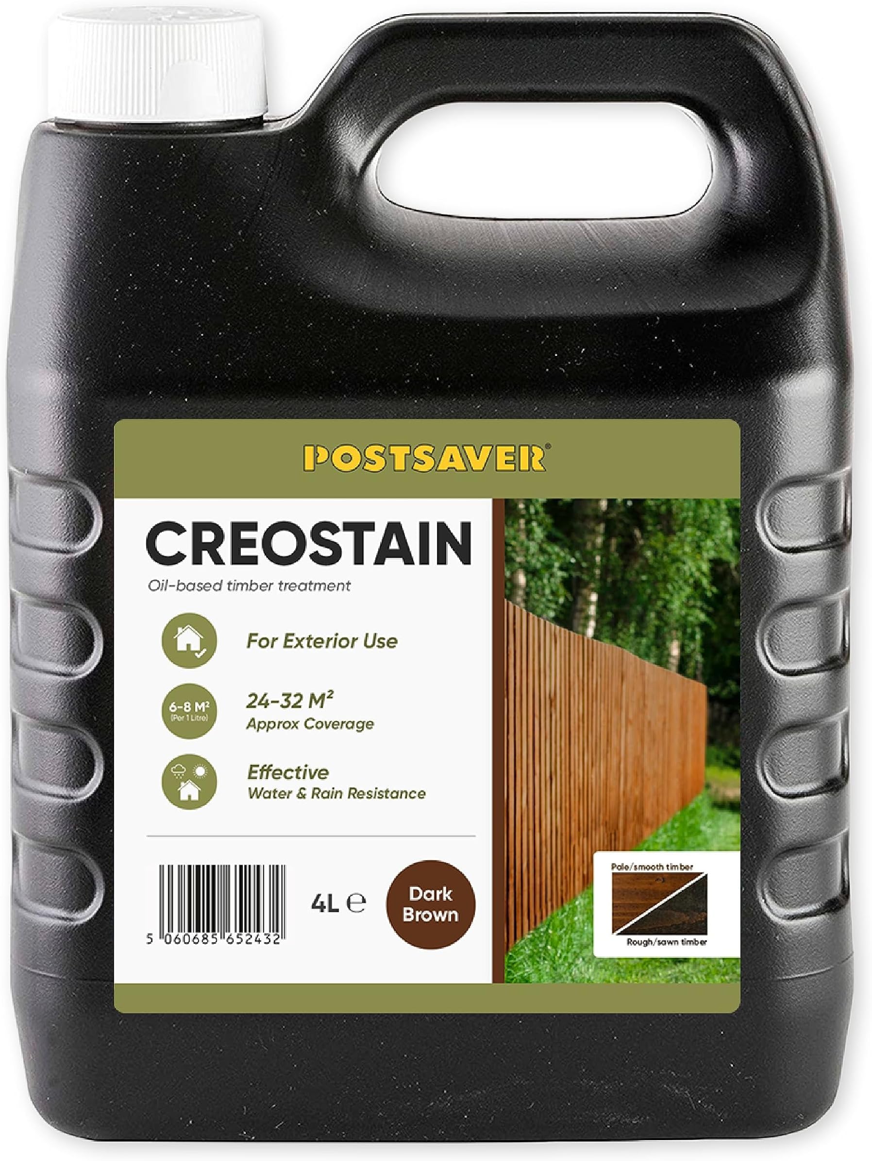 Postsaver Creostain Creocote Oil-Based Wood Treatment | Creosote Substitute | Wood Stain and Preserver | Ideal for Fence Treatment | Low Odour | 4L (Dark Brown)