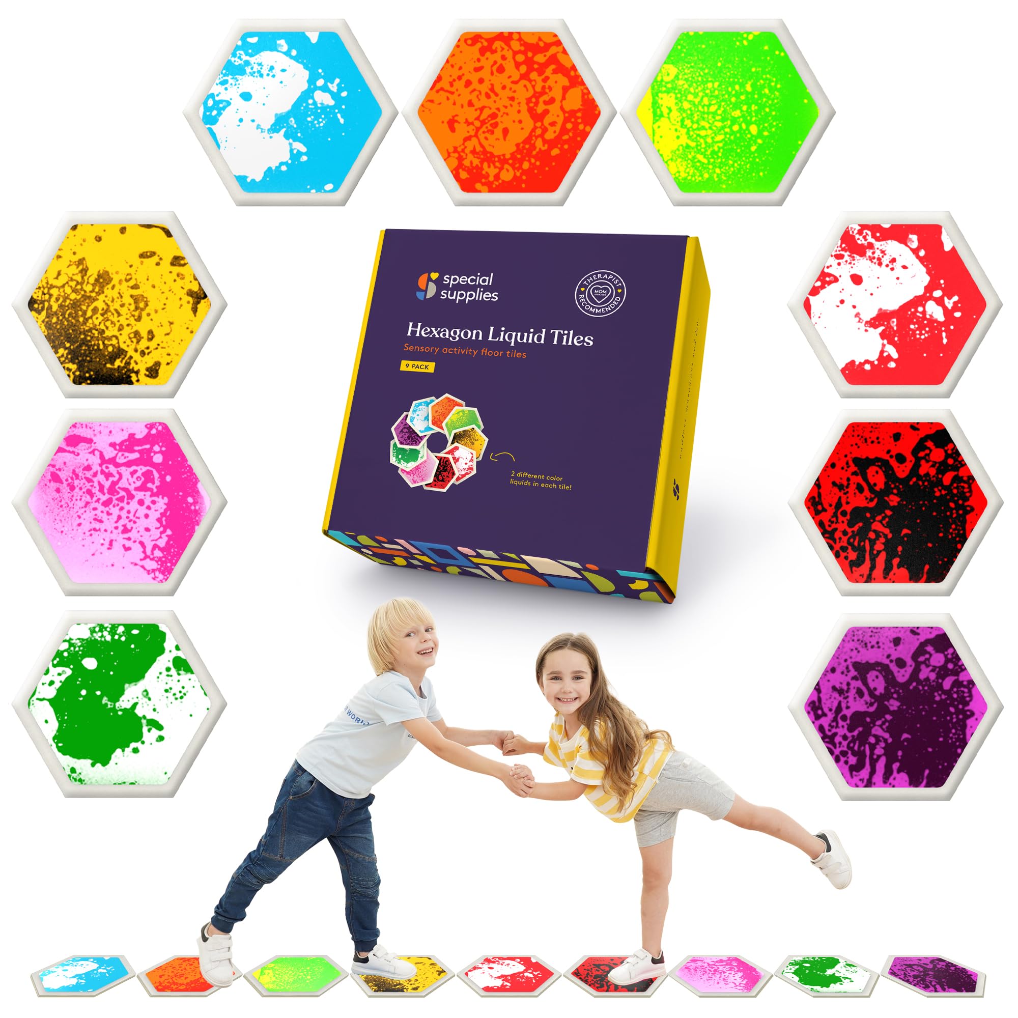 Special Supplies Hexagon Floor Liquid Tiles for Kids, Set of 9, Colorful Early Learning Activity Mats for Toddlers and Children, Anti-Slip Backing for Active Play, Dance, and Games