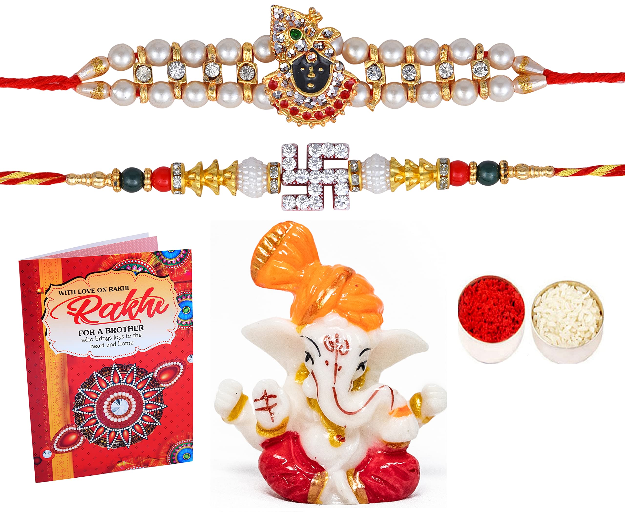 Rakhi for brother and bhabi/rakhi for brother/rakhi gift for brother/Set of 2 rakhi for brother with gift-1 Kundan Rakhi+1 Beads Rakhi+Showpiece Figurine +Roli, Chawal+Rakshi Greeting Card (Red)