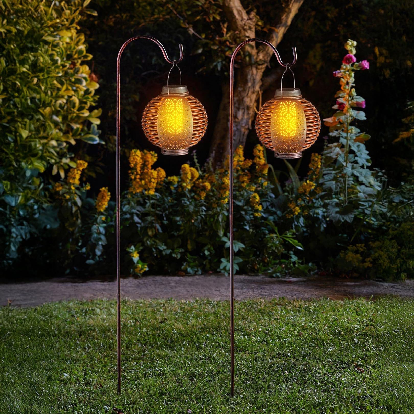 Garden Mile 2pc Solar LED Lanterns Hanging Lighting for Garden Light Up Lamps with Flame Effect Set of 2 Lights for Outdoor Hanging Lights with Hooks [Energy Class A]