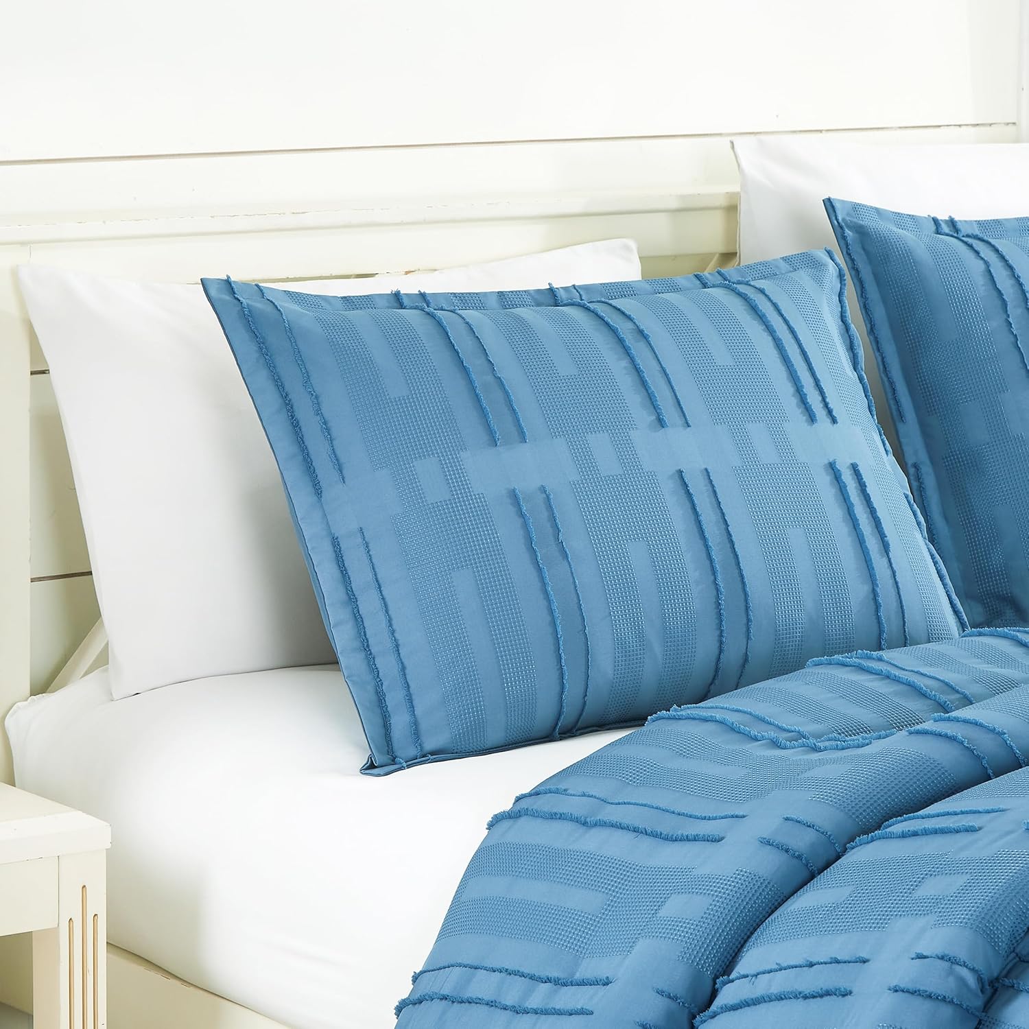 Chezmoi Collection Brady Blue Clip Jacquard Geometric 7-Piece Bed in a Bag Comforter Set, Queen - Striped Pattern Waffle Textured Bedding with Sheets Set