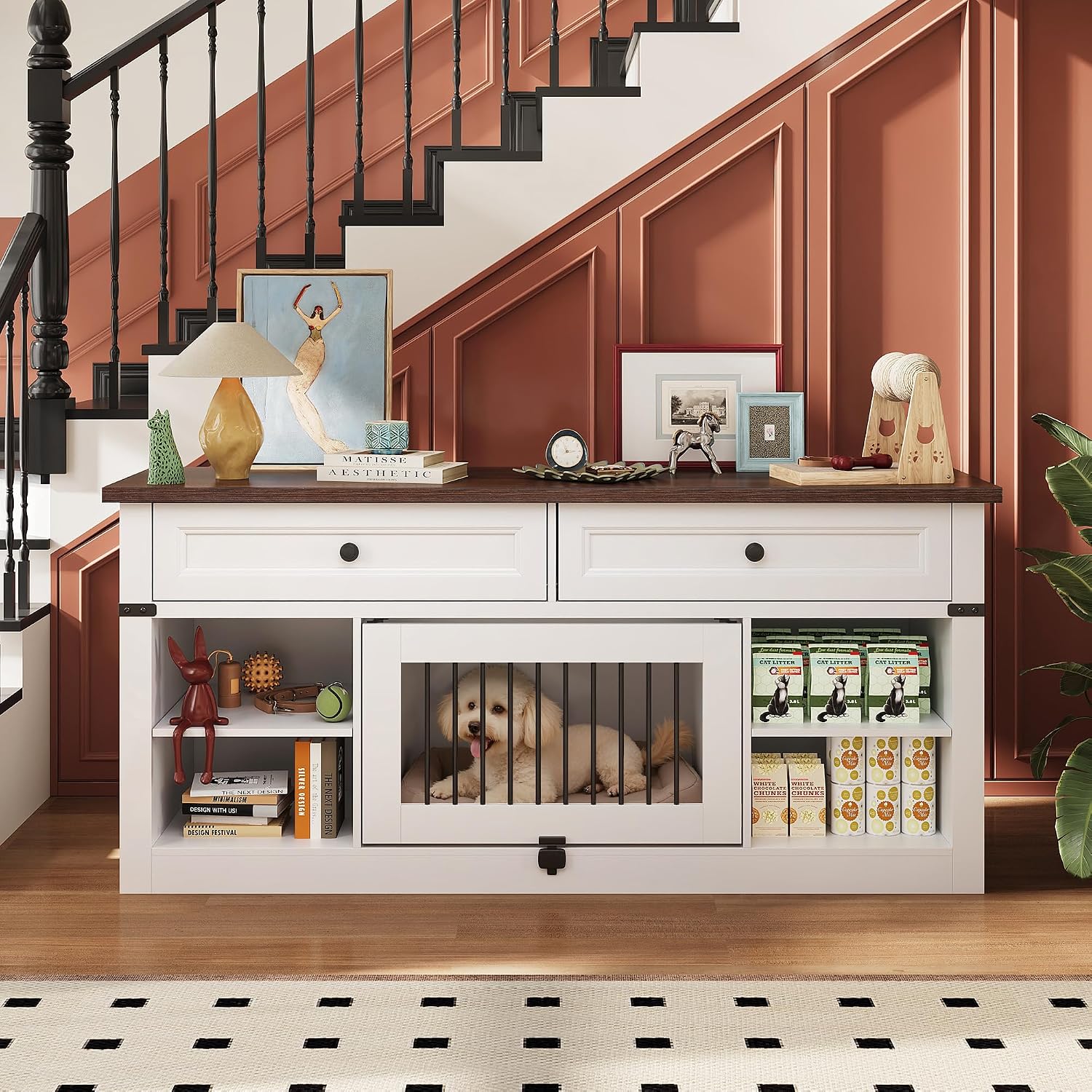 WLIVE Farmhouse TV Stand up to 65 Inch TV with 2 Storage Drawers & Open Shelves, Entertainment Center with Small Dog/Cat House, TV Cabinet for Living Room, Bedroom,Dog Crate Furniture (Milk White)