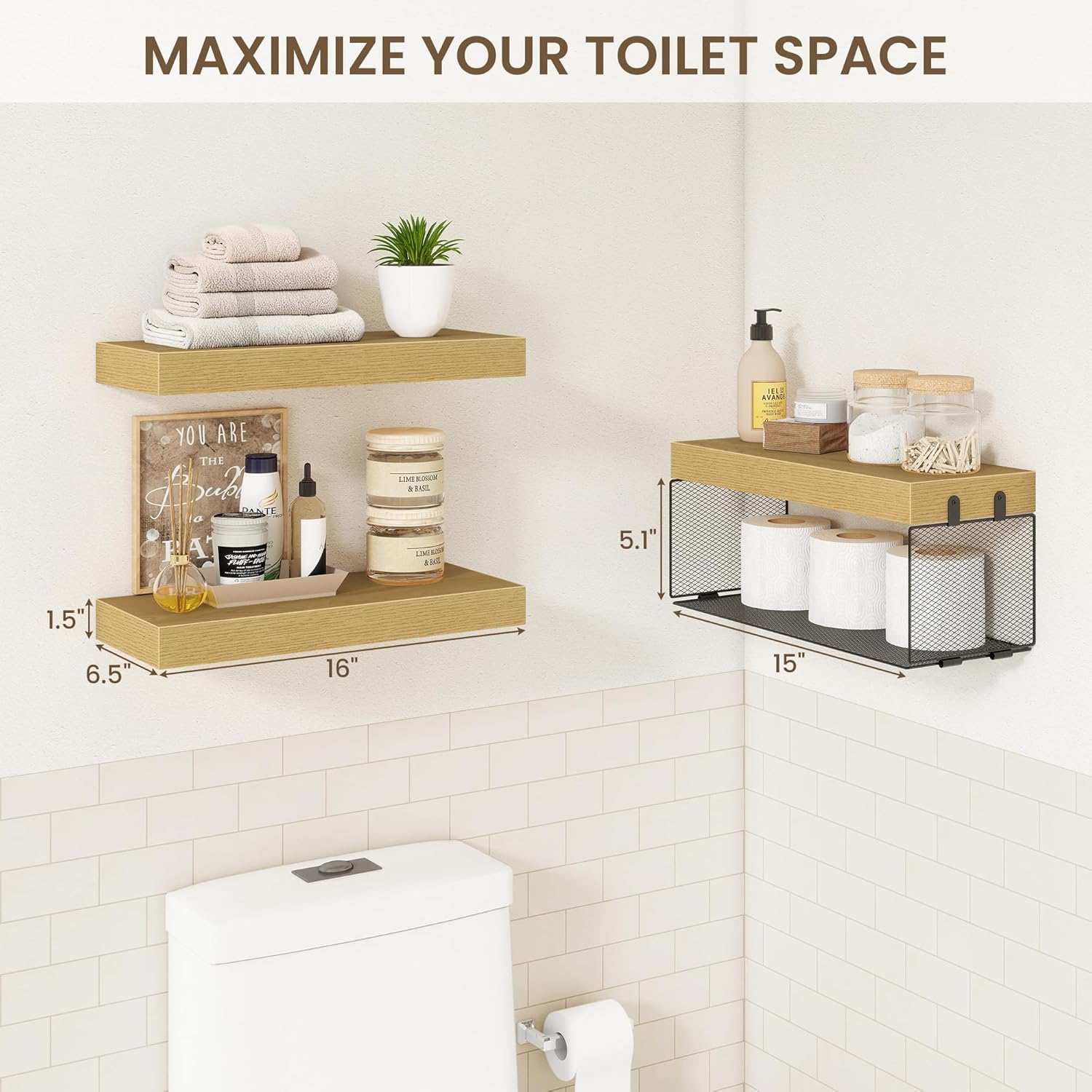 Acovy Bathroom Floating Shelves for Wall,16 inch Wall Mounted Floating Shelf Toilet Organizer and Storage,Small Farmhouse Decor Shelf,Oak,Set of 3