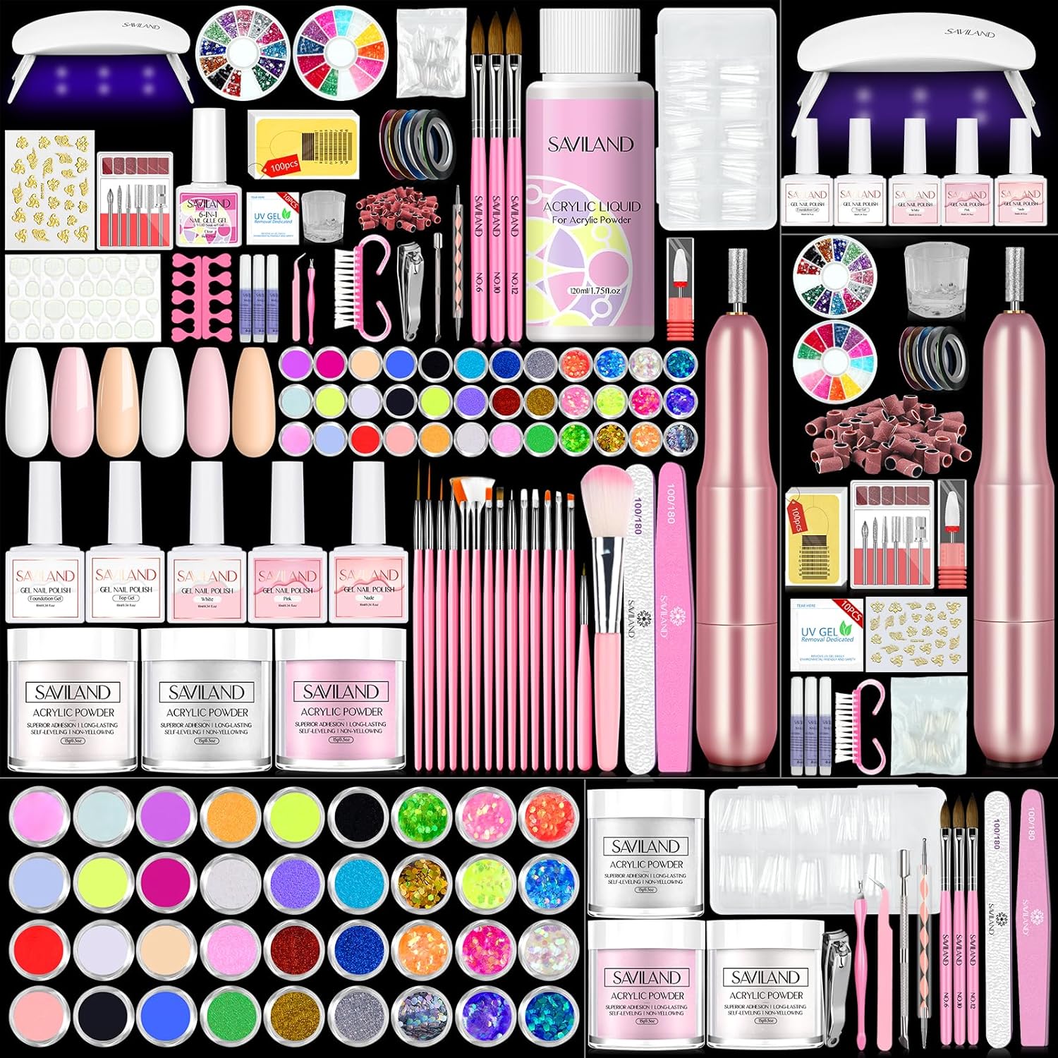 Saviland Nail Kit Set Professional Acrylic with Everything - Acrylic Powder and Acrylic Liquid Nail Drill Gel Nail Polish Nails Tips and Glue Gel Kit, Acrylic Nail Kit for Beginners Home DIY Salon