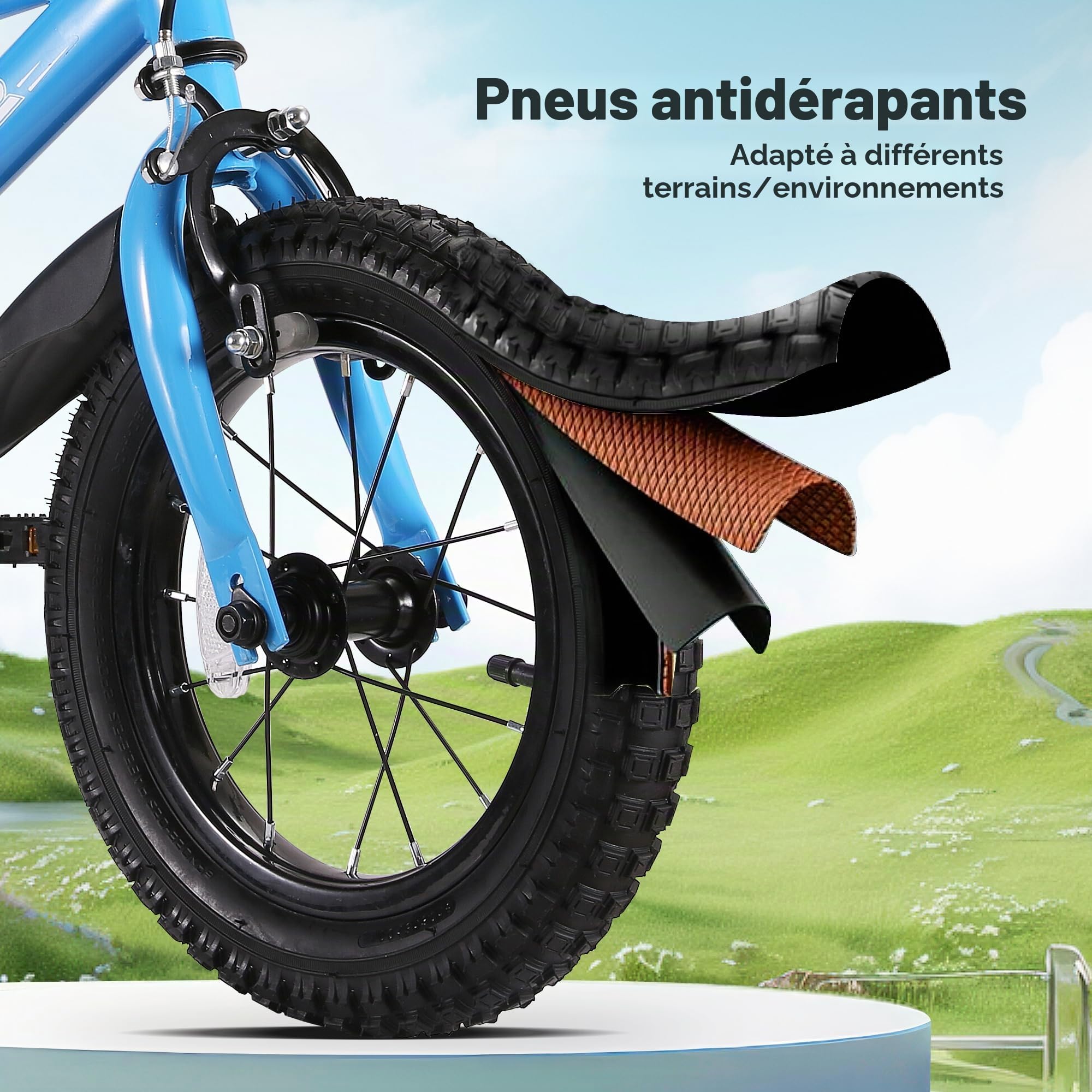 BODIOO Vélo pour enfant de 16" avec siège réglable, roues stabilisatrices, frein à main, frein à rétropédalage et cadre solide pour cyclistes de 104 à 117 cm (bleu)