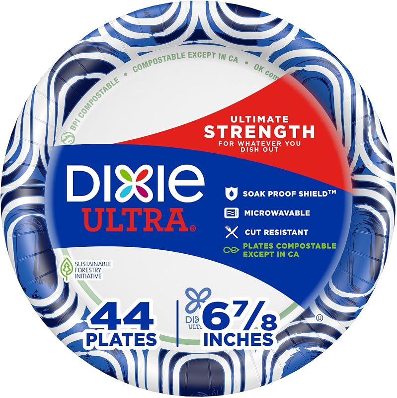 Dixie Ultra, Small Paper Plates, 6 7/8" Inch, 44 Count, 3X Stronger*, Heavy Duty, Microwave-Safe, Soak-Proof, Cut Resistant, Disposable Plates For Heavy, Messy Meals