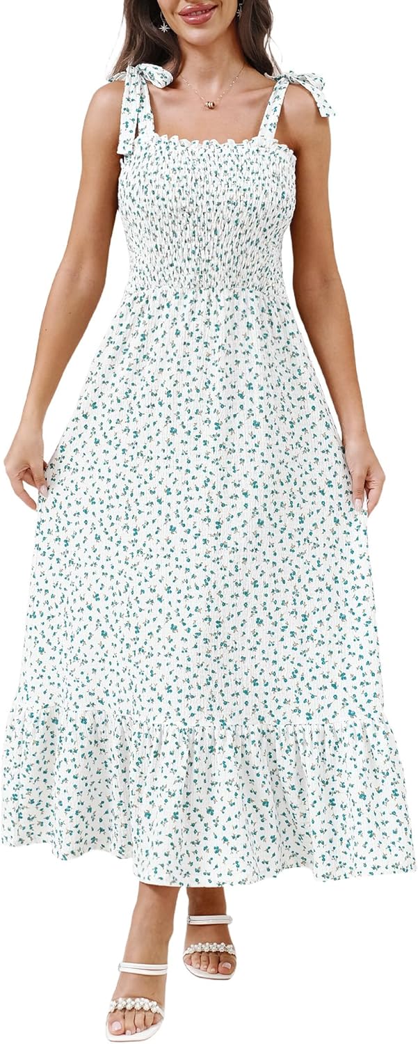 DERAX Womens Floral Boho Maxi Dress Tie Strap Square Neck Smocked Ruffle A Line Beach 2026 Summer Long Dresses
